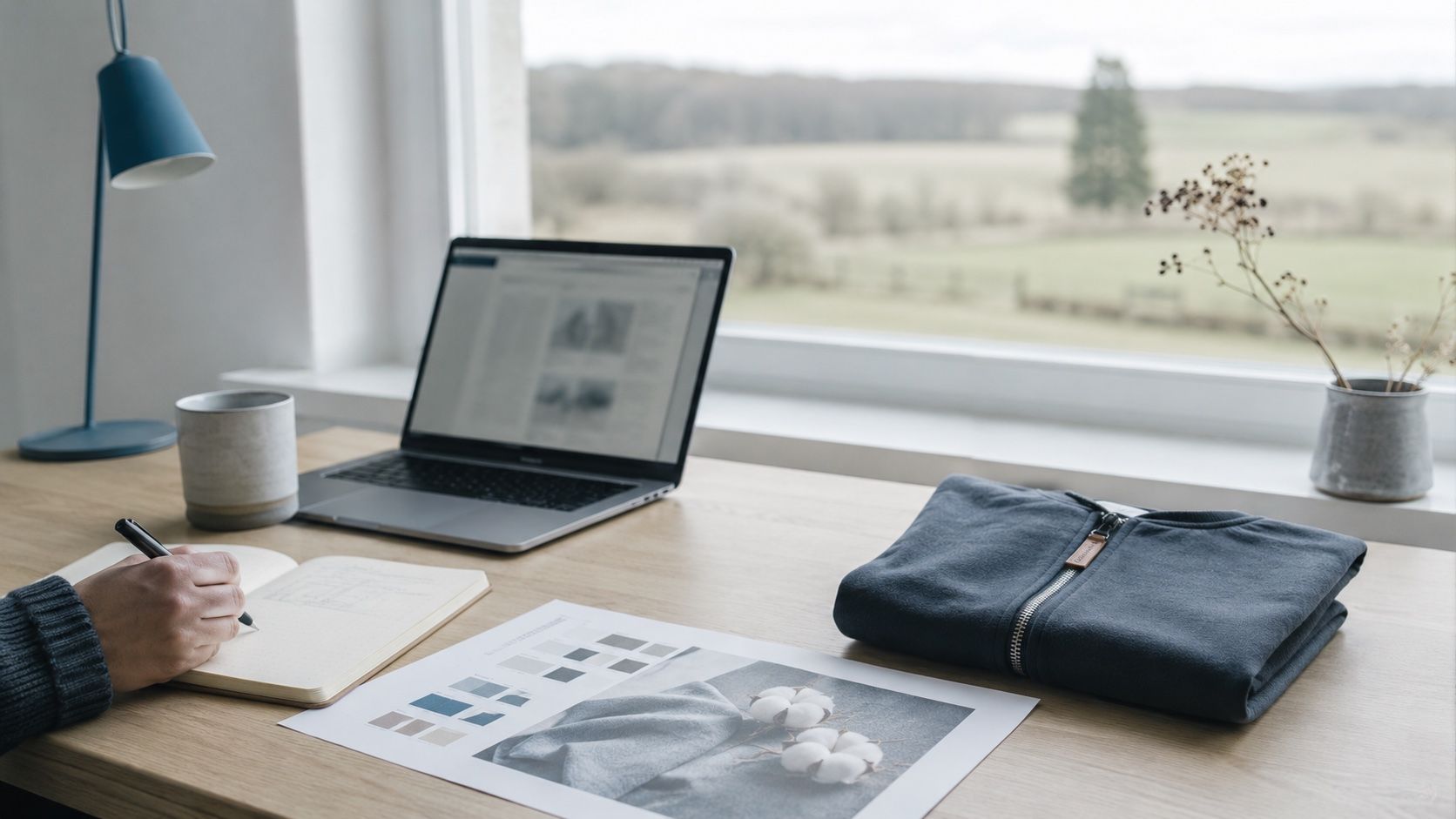 Aufgeräumter Arbeitsplatz am Fenster mit Laptop, Notizbuch und Farbmustern