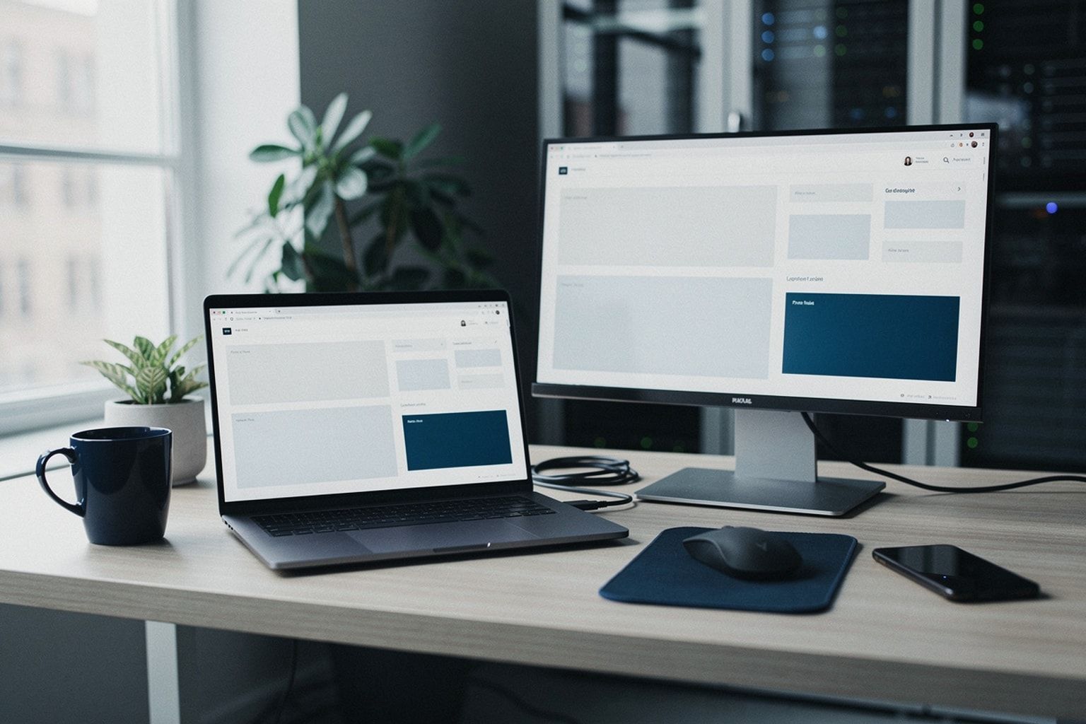 Aufgeräumter Entwickler-Arbeitsplatz mit Laptop und Monitor mit abstrakten Dashboards