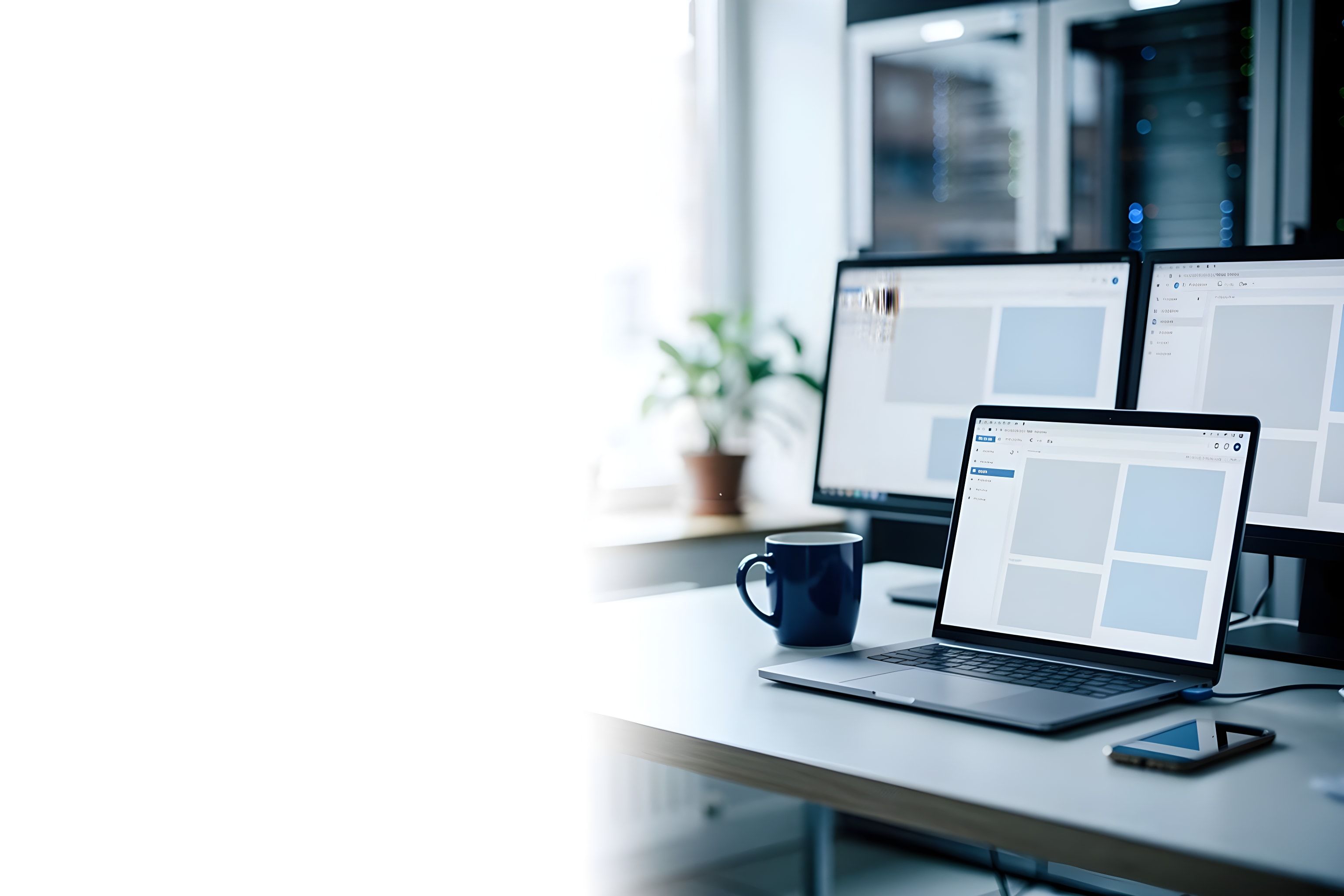 Aufgeräumter Entwickler-Arbeitsplatz mit Laptop und Monitor mit abstrakten Dashboards