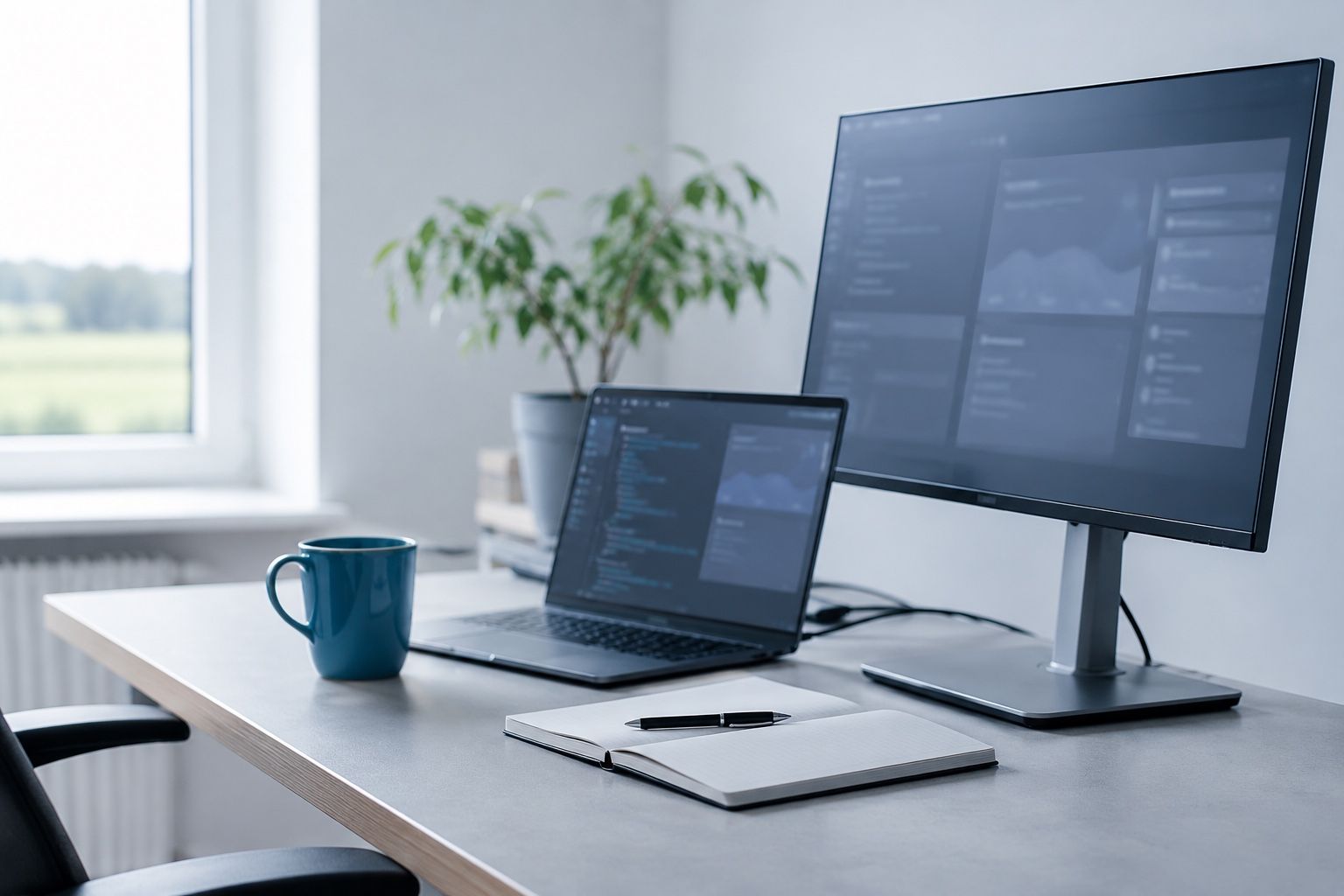 Aufgeräumter Entwickler-Arbeitsplatz mit Laptop und Monitor