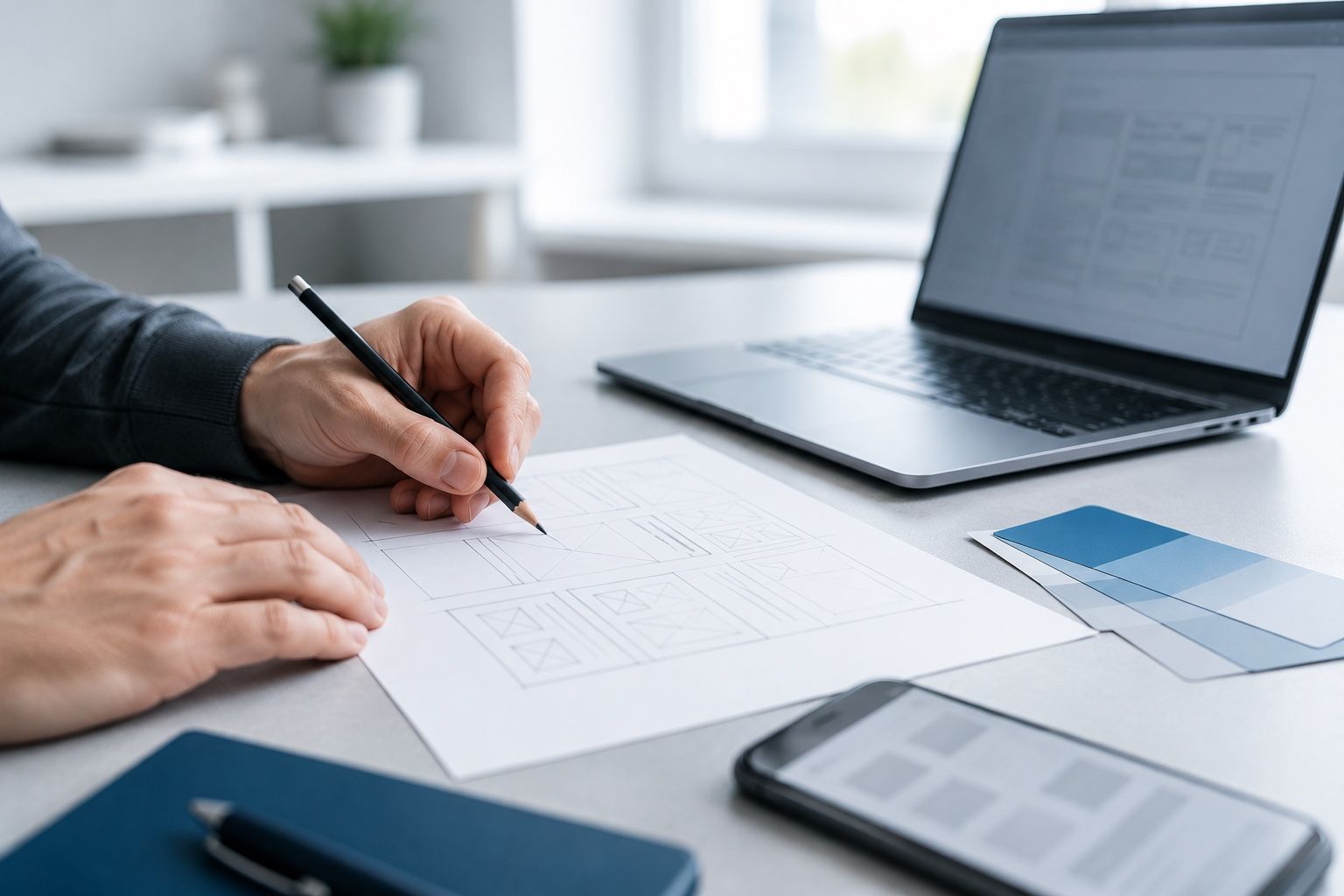 Skizze eines Website-Layouts neben Laptop und Farbmustern