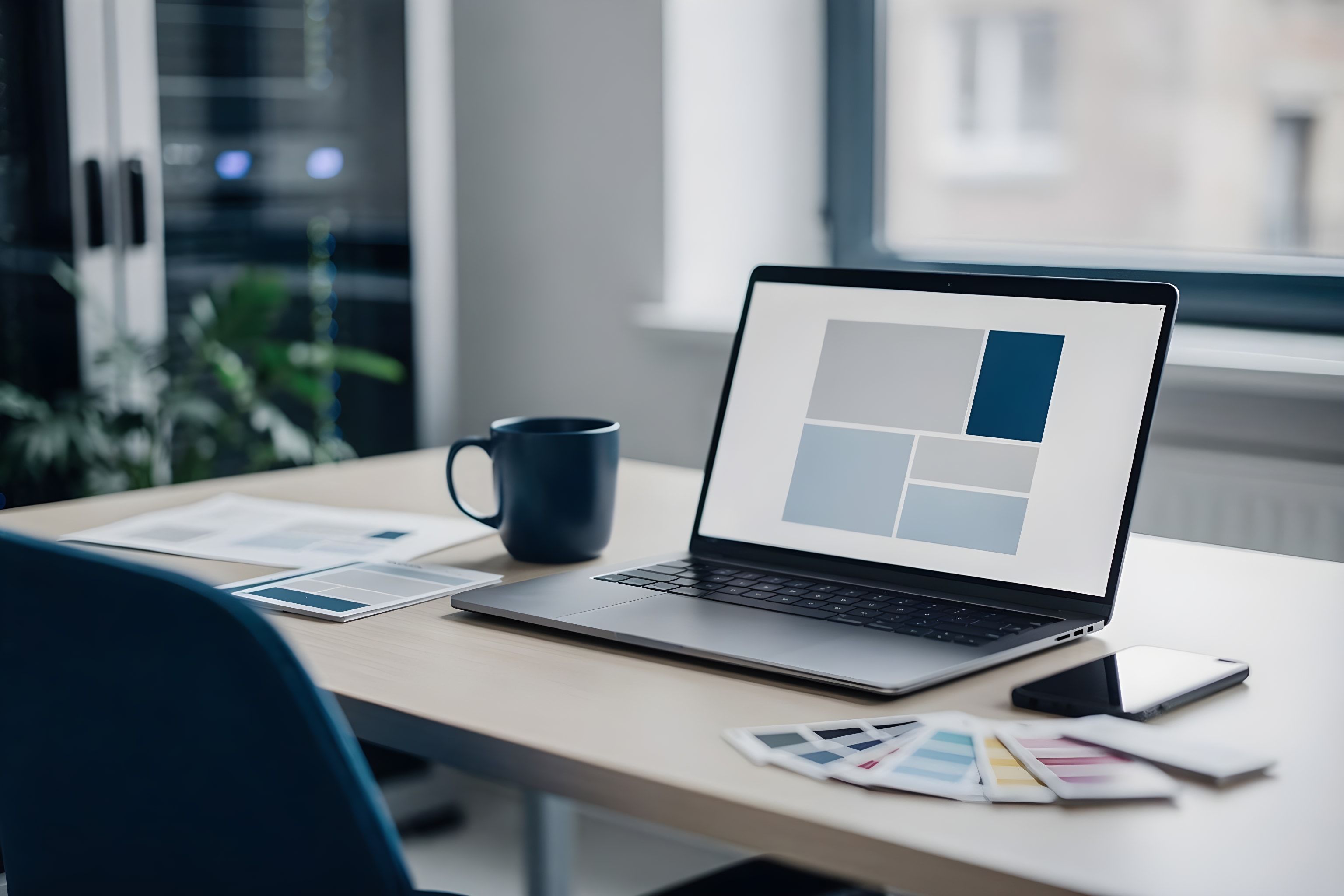 Webdesign-Arbeitsplatz mit Laptop, abstraktem Website-Layout und Farbmustern