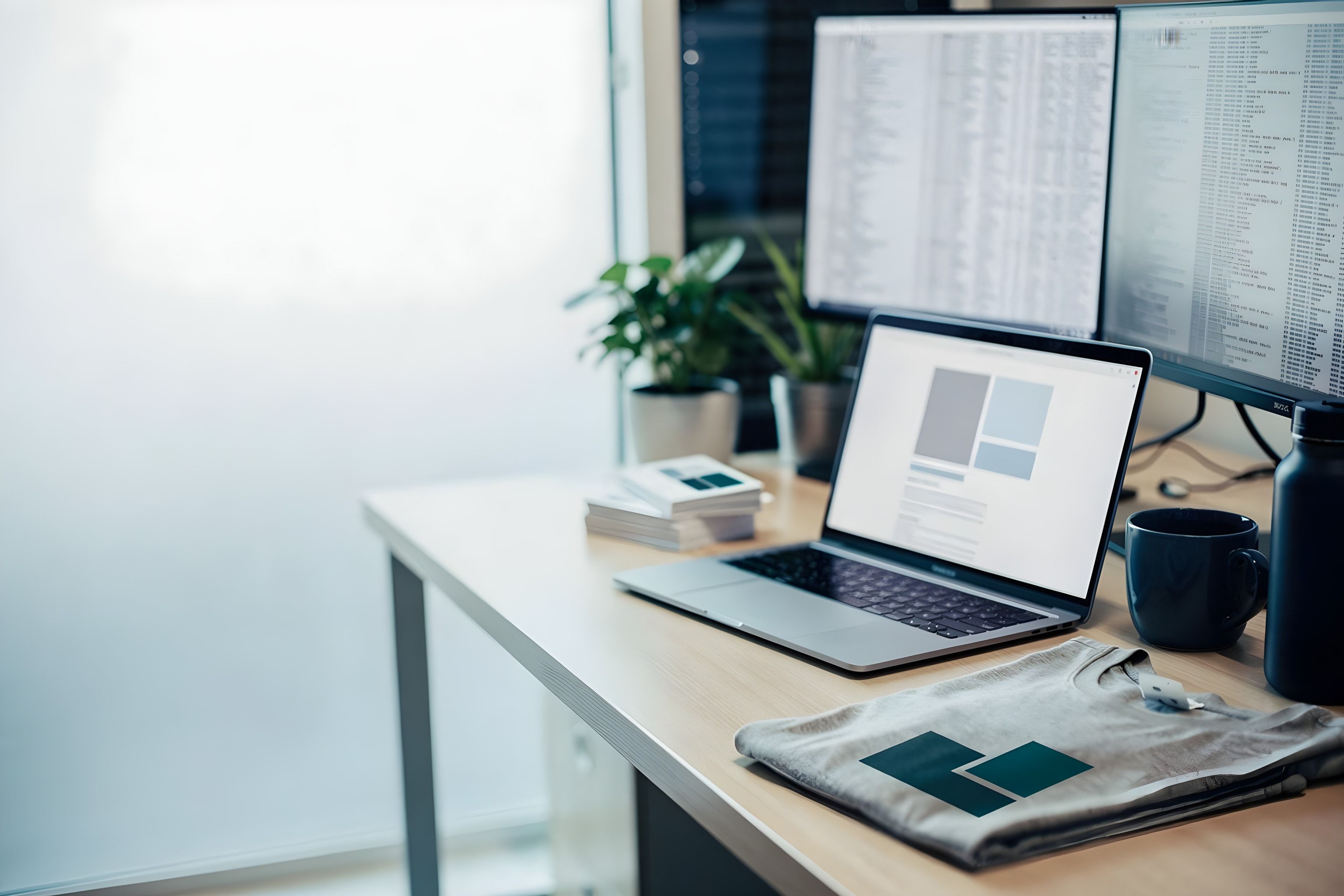Moderner Arbeitsplatz mit Laptop, Monitoren, frisch gedruckten Karten und einem bedruckten Shirt – die vier Gewerke auf einem Schreibtisch
