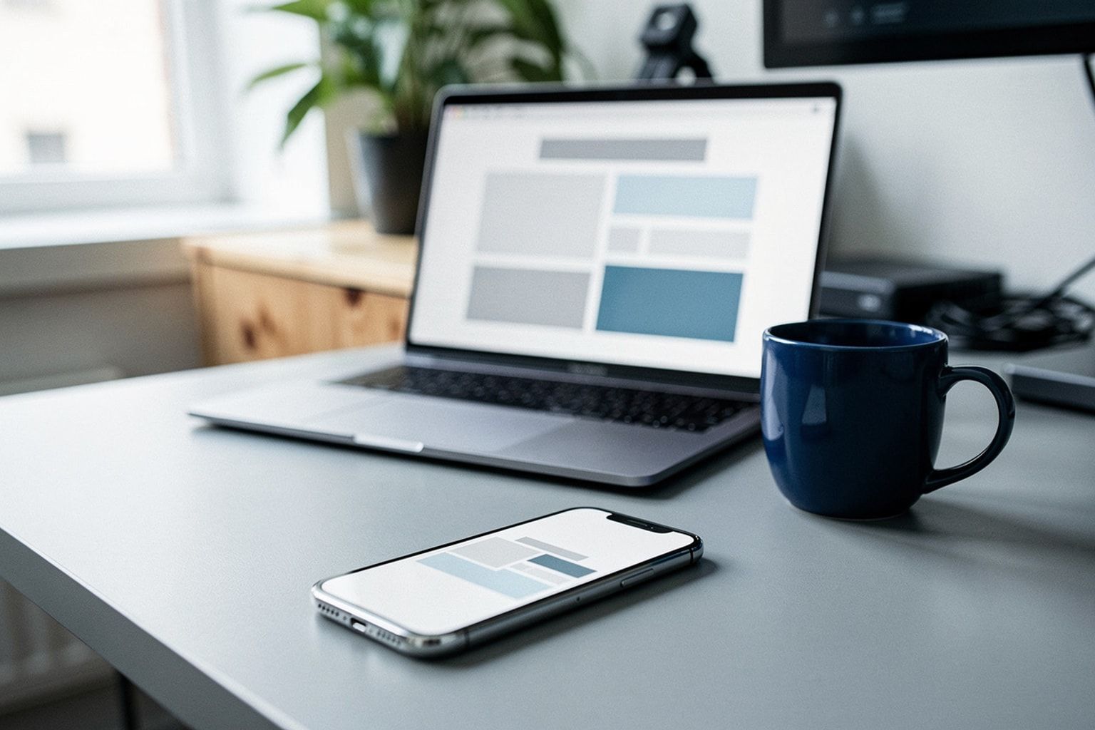 Smartphone und Laptop auf einem Schreibtisch, beide zeigen dieselbe Anwendung