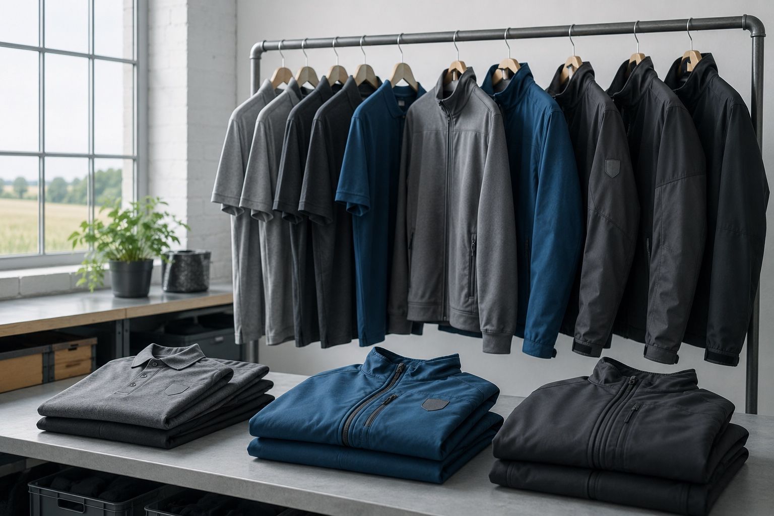 Arbeitskleidung – Jacken und Polos auf einer Kleiderstange