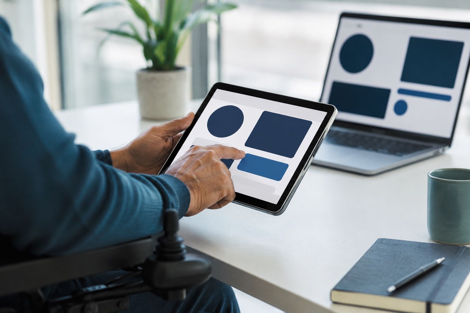 Person bedient ein Tablet mit großen, kontrastreichen Bedienflächen