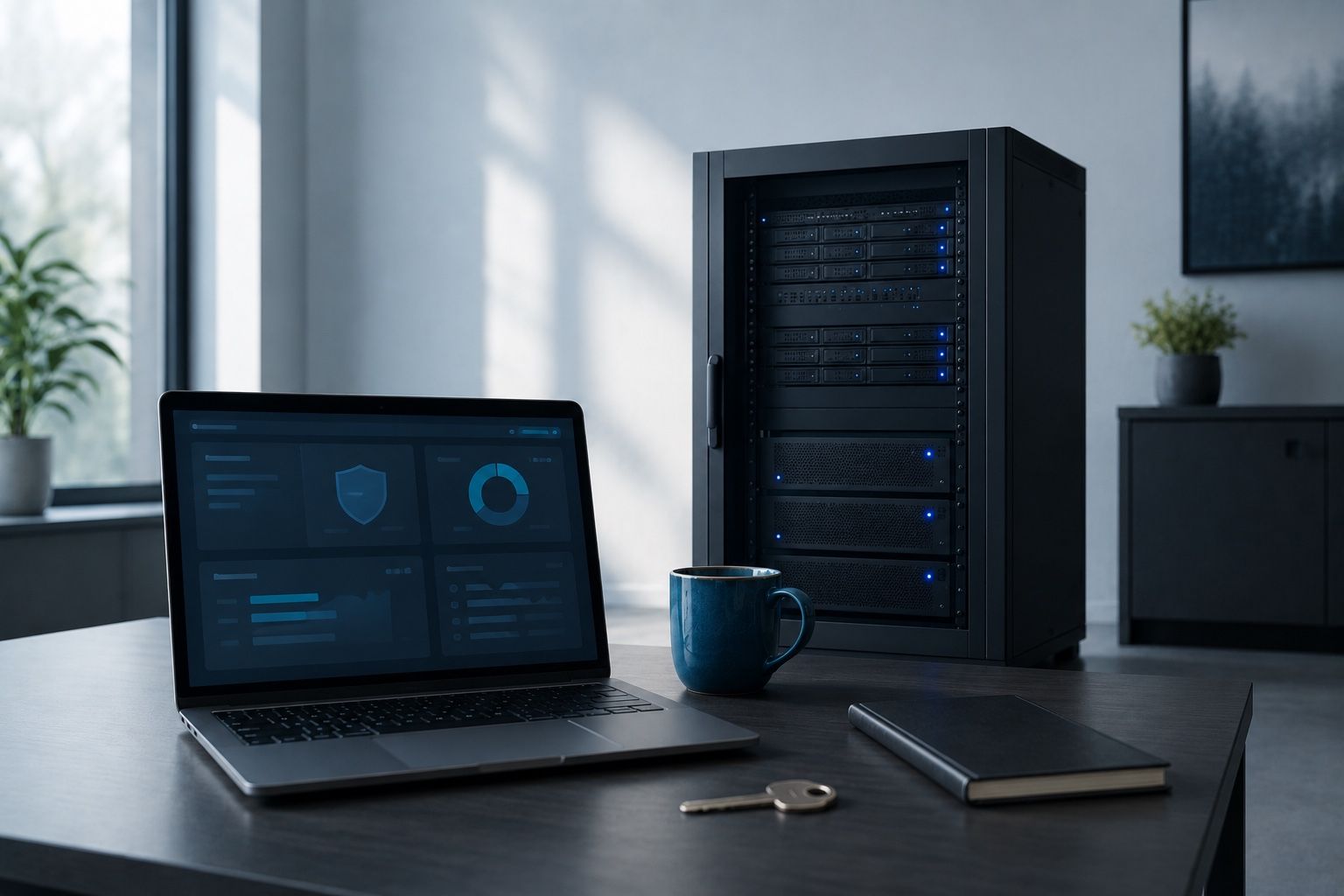 Laptop mit Dashboard neben einem kompakten Server auf dem Schreibtisch