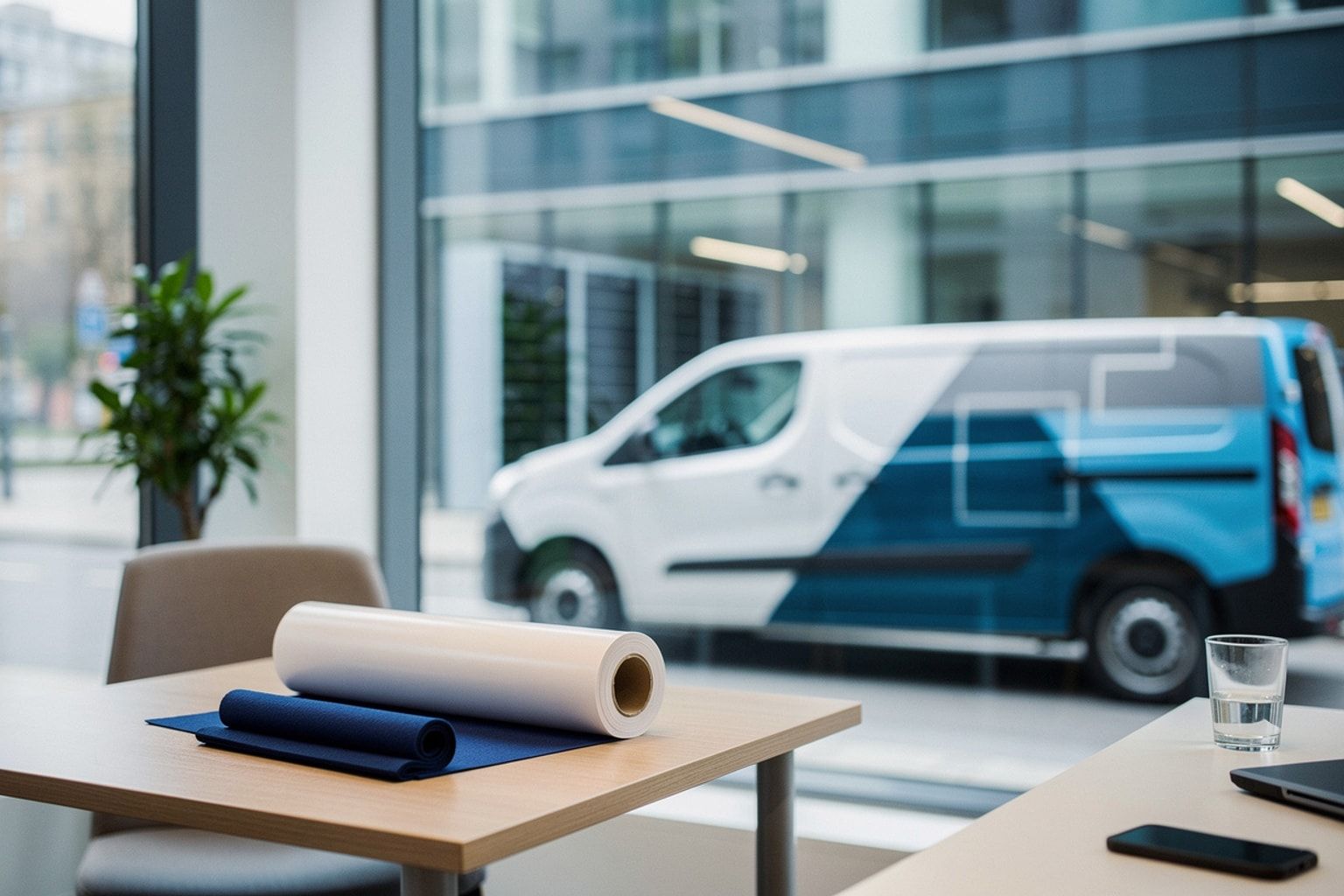 Weißer Transporter mit frisch folierter Seitenfläche, davor Folienrolle und Rakel