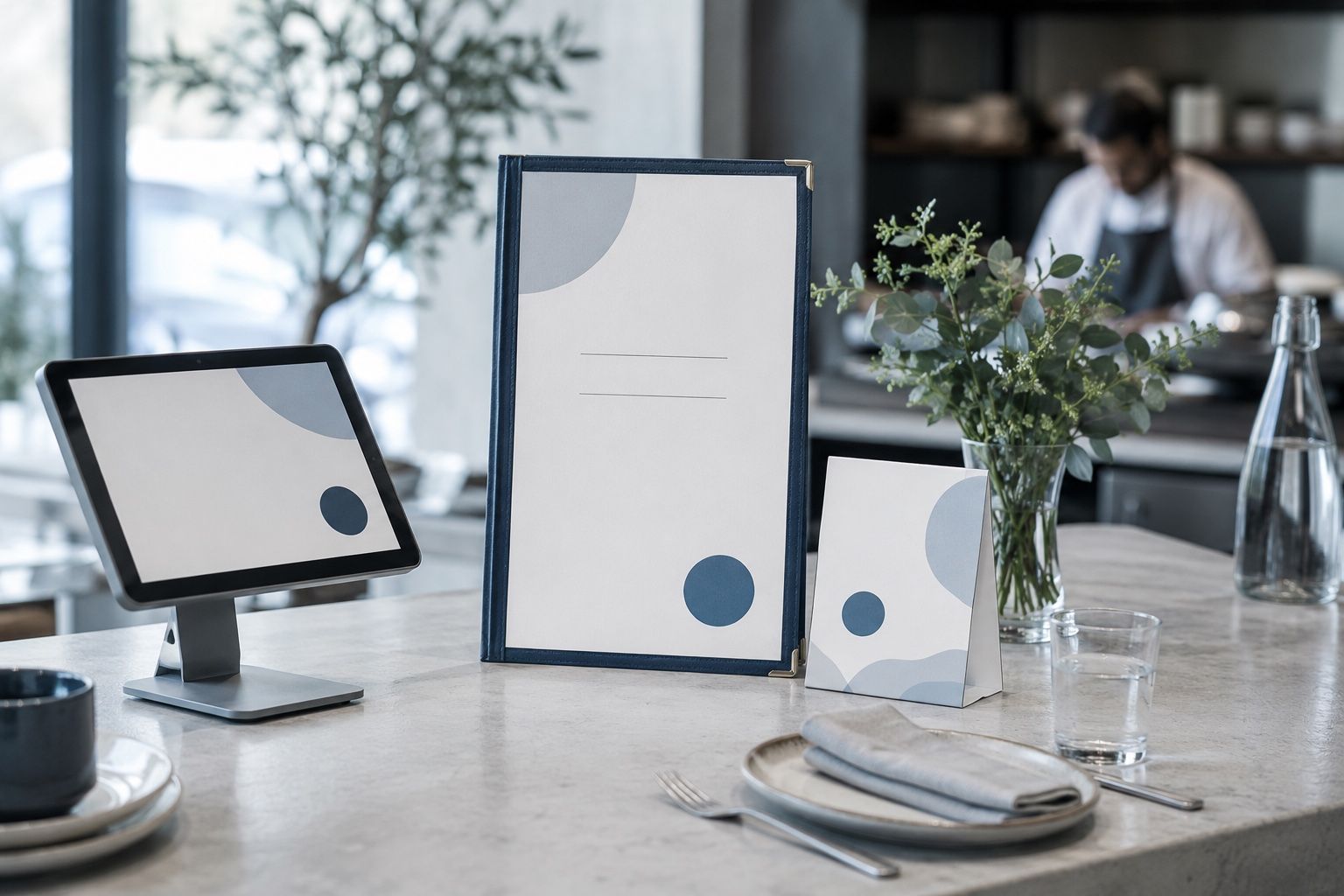 Gedeckter Tisch mit Speisekarte und Tablet in einem Restaurant