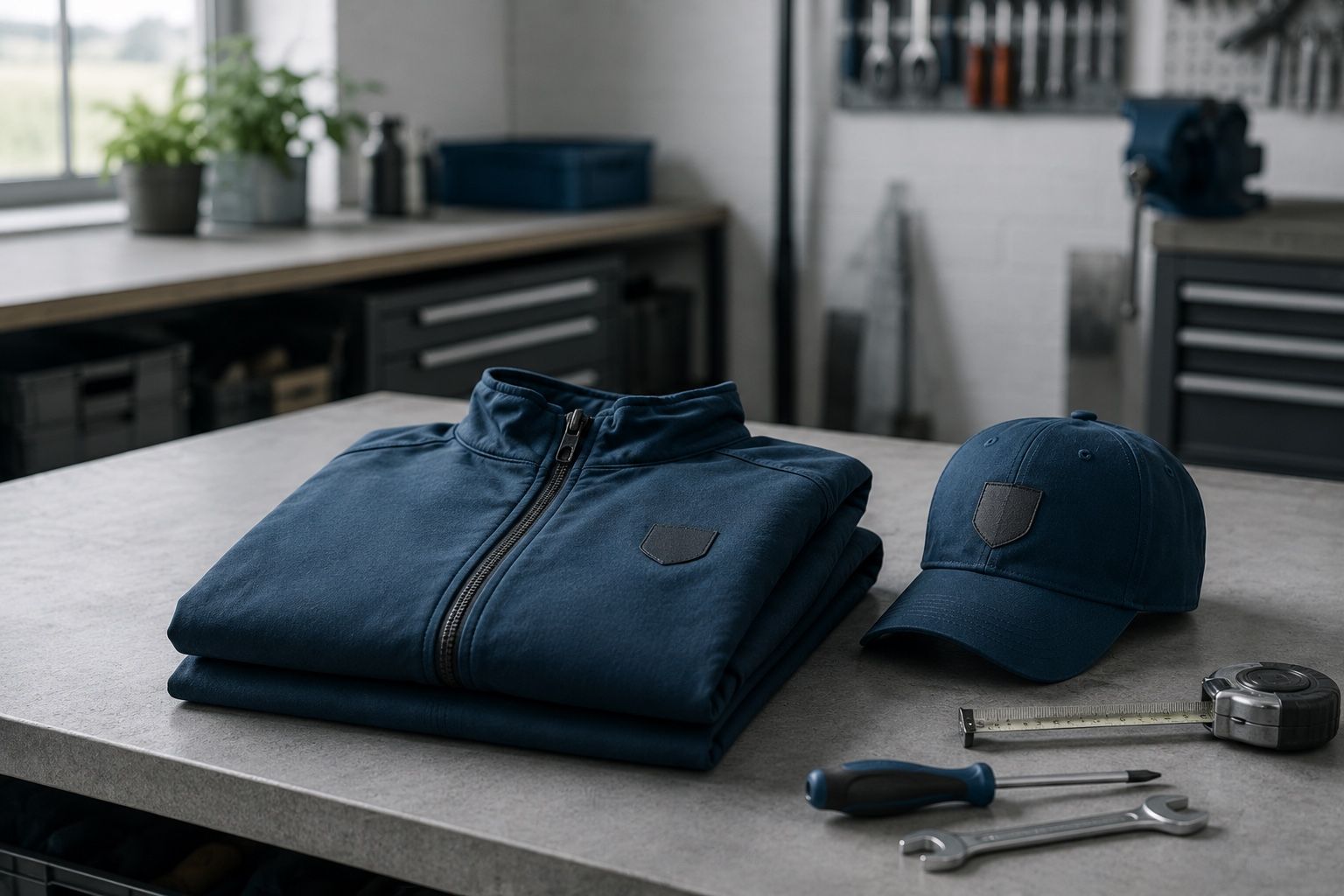 Zusammengelegte Arbeitsjacke und Cap mit Werkzeug auf einer Werkbank