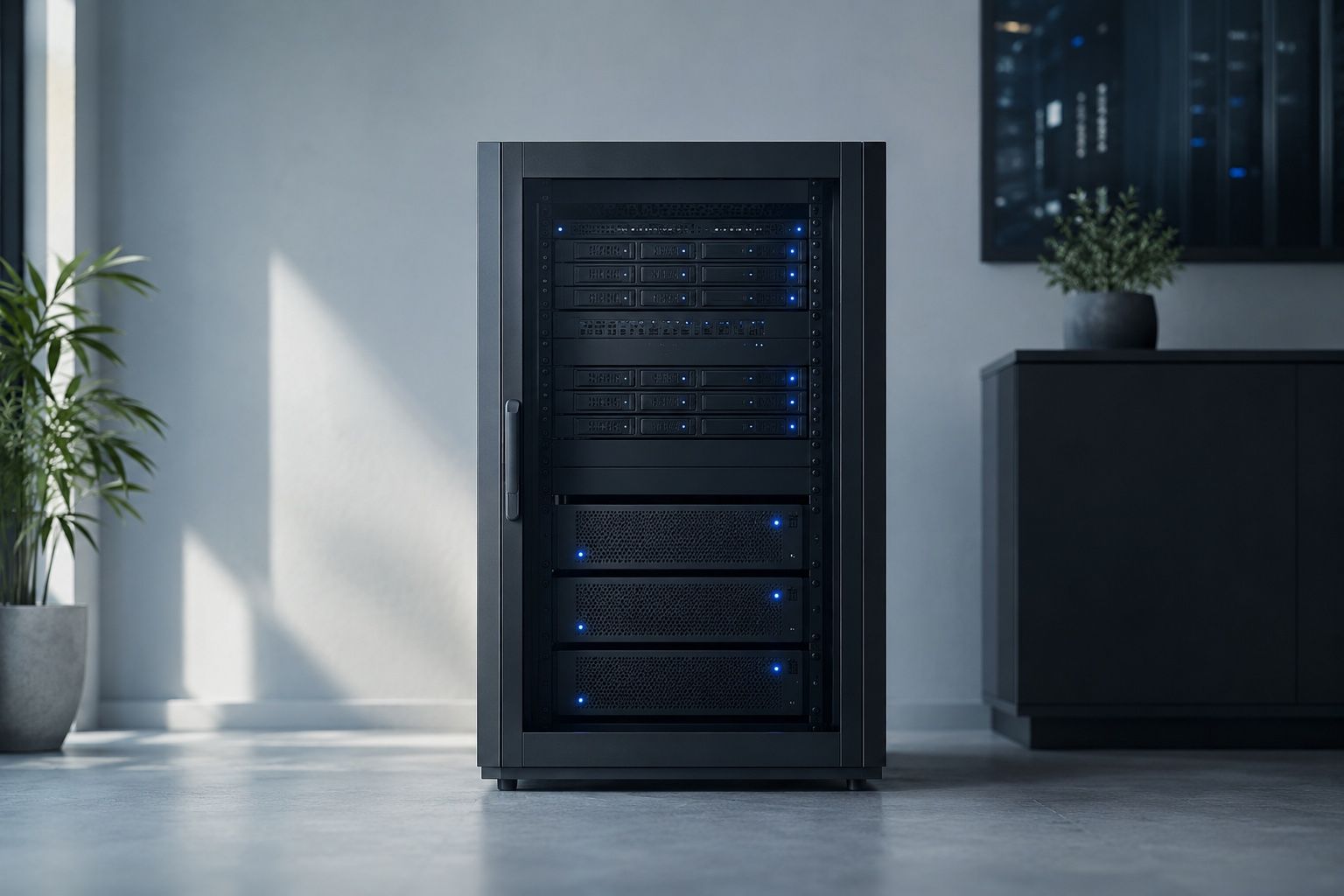 Kompakter Server-Schrank mit blauen Status-LEDs