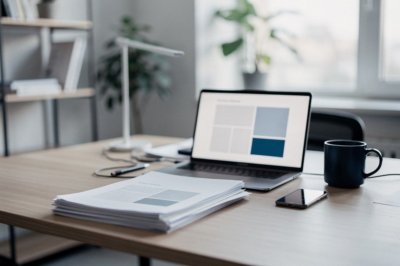 Papierstapel neben einem Laptop, der die Inhalte als strukturiertes Layout zeigt
