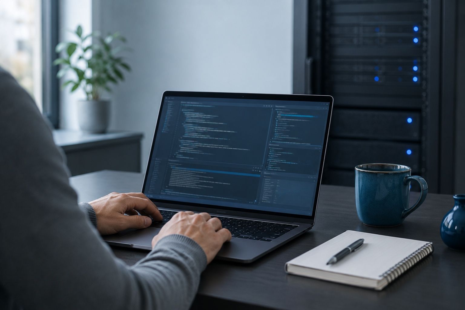 Laptop mit Programmcode vor einem Server-Schrank