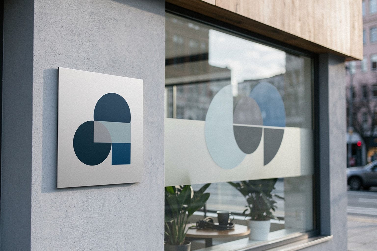 Bedrucktes Alu-Dibond-Firmenschild an einer Fassade, daneben eine Glasfläche mit Folienschriftzug
