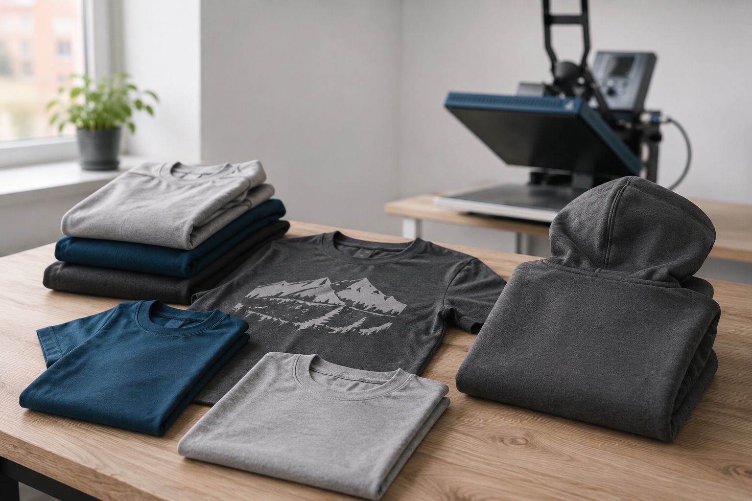 Frisch bedruckte T-Shirts und Hoodies gefaltet auf einem Tisch, Transferpresse im Hintergrund