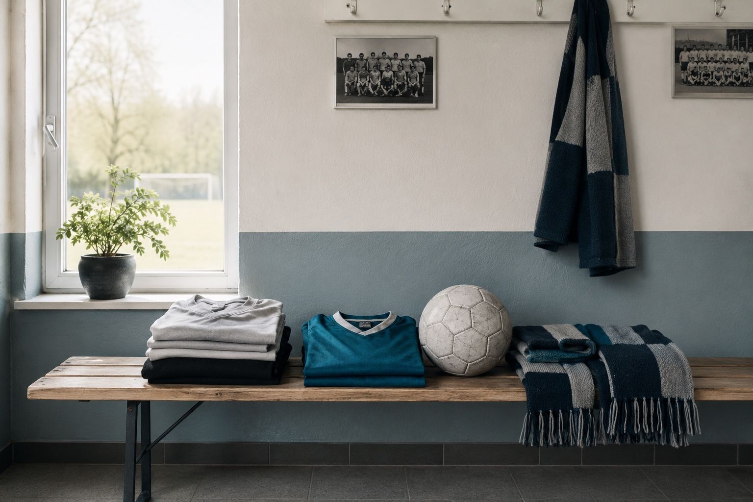 Vereinsbekleidung, Ball und Schals auf einer Bank im Vereinsheim