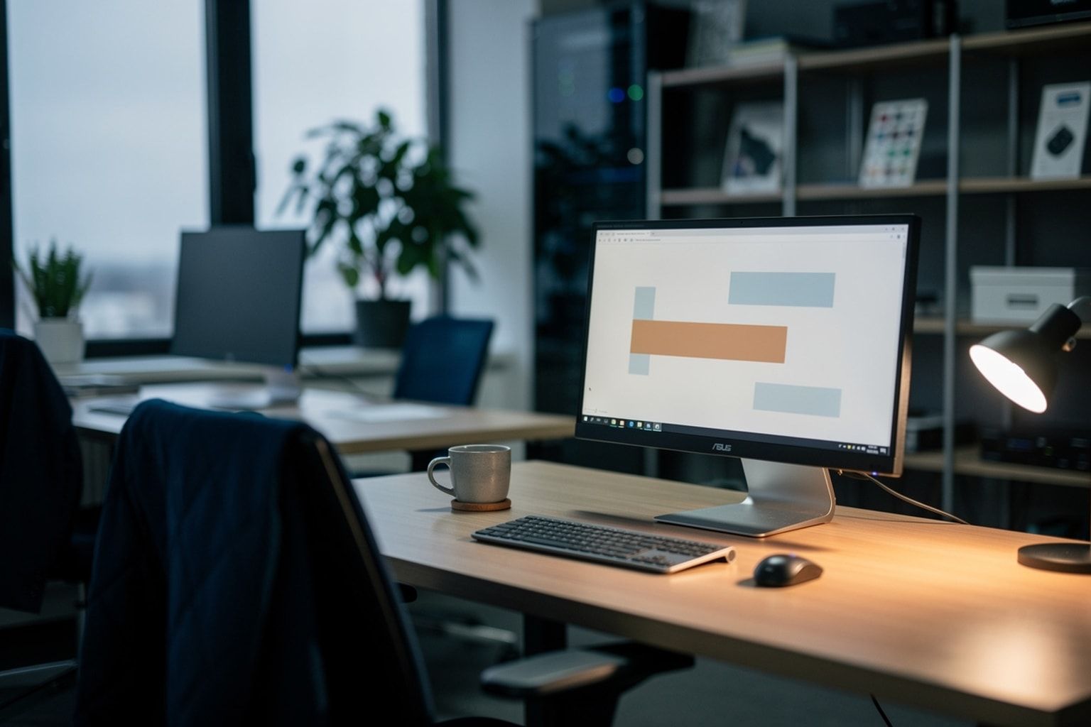 Abendliches Büro, auf dem Monitor ein Layout, in dem ein breiter Block orange statt blau erscheint