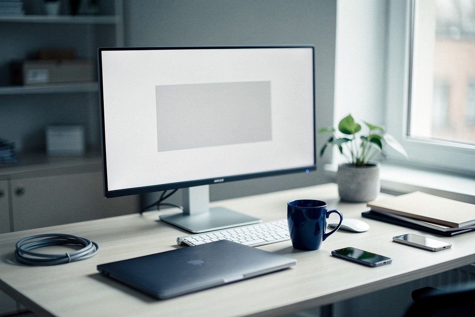 Aufgeräumter Schreibtisch, auf dem Monitor steht statt der Seite nur eine leere graue Fläche