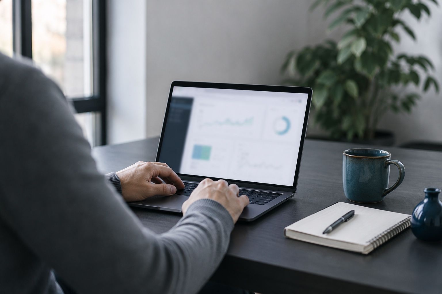 Pflege einer Website am Laptop, über die Schulter fotografiert