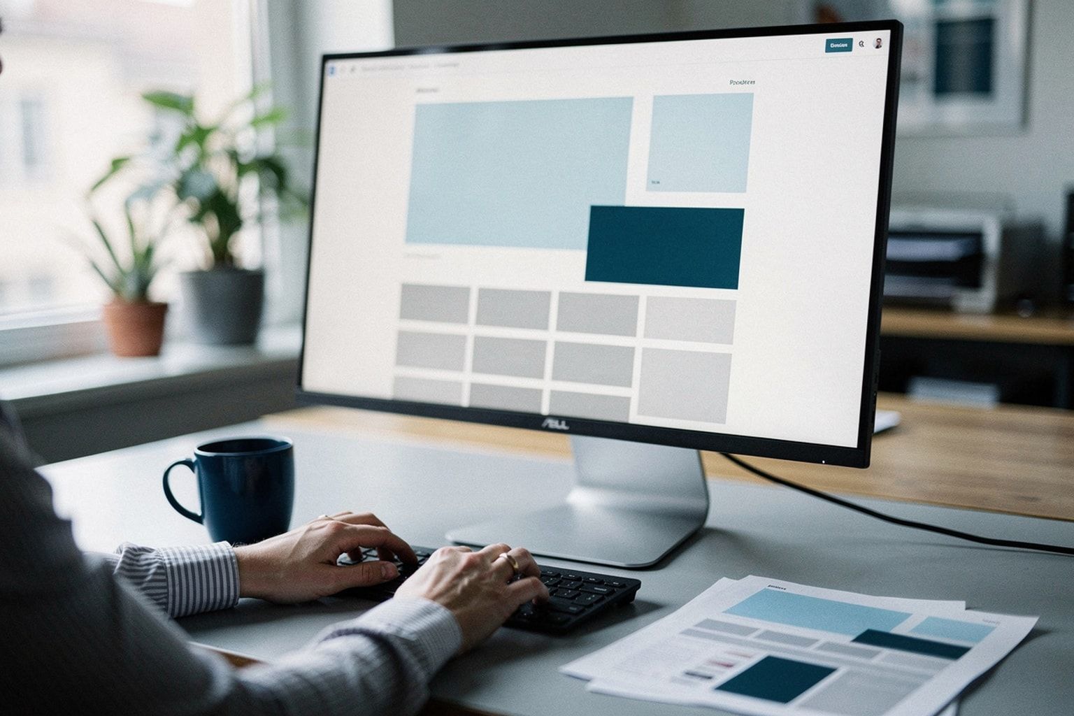 Monitor mit halb überarbeitetem Seitenlayout, daneben ausgedruckte Layout-Entwürfe