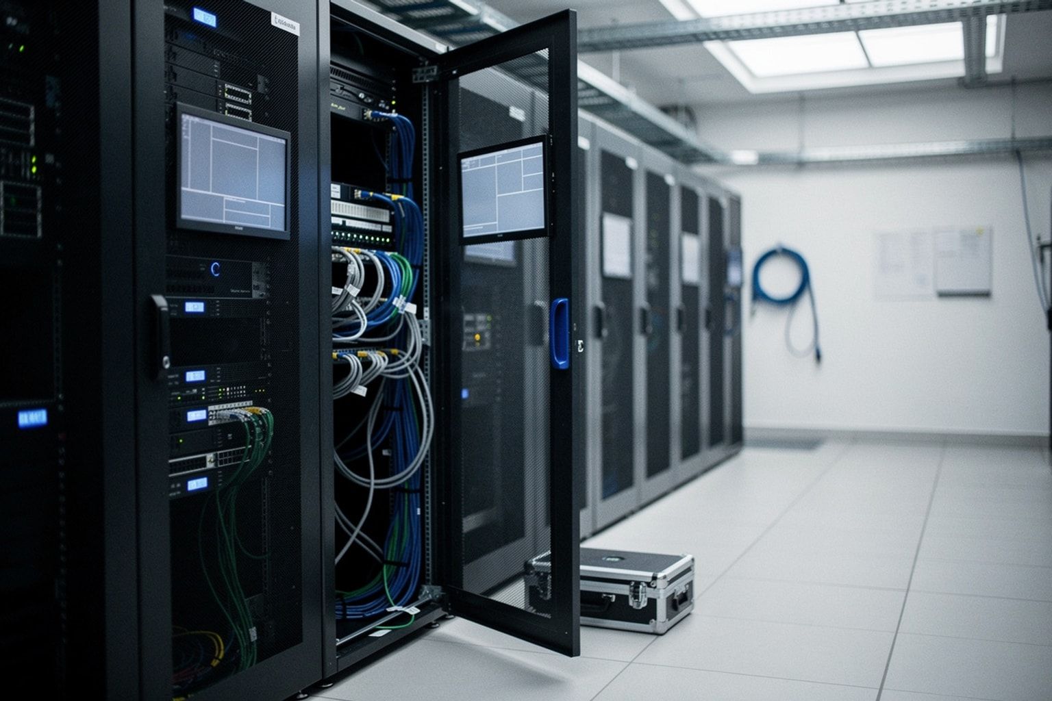 Rechenzentrum mit geöffnetem Rack und frisch gesteckten Netzwerkkabeln