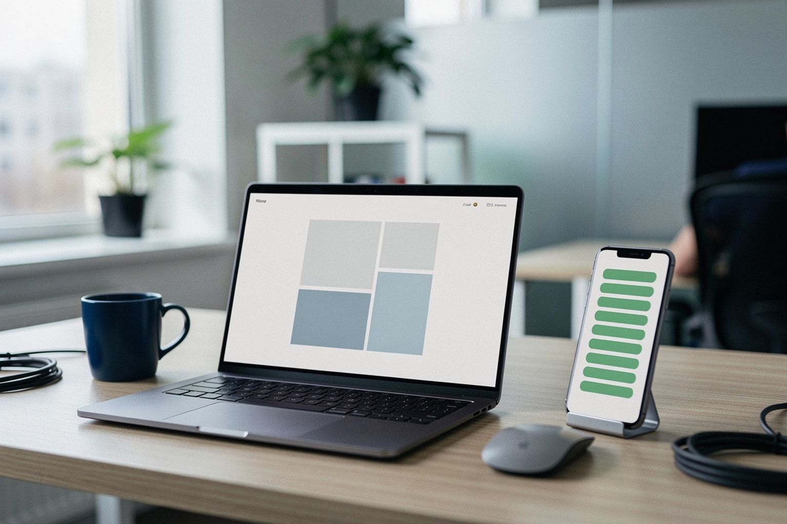 Laptop mit Website neben einem Smartphone mit grünen Status-Anzeigen
