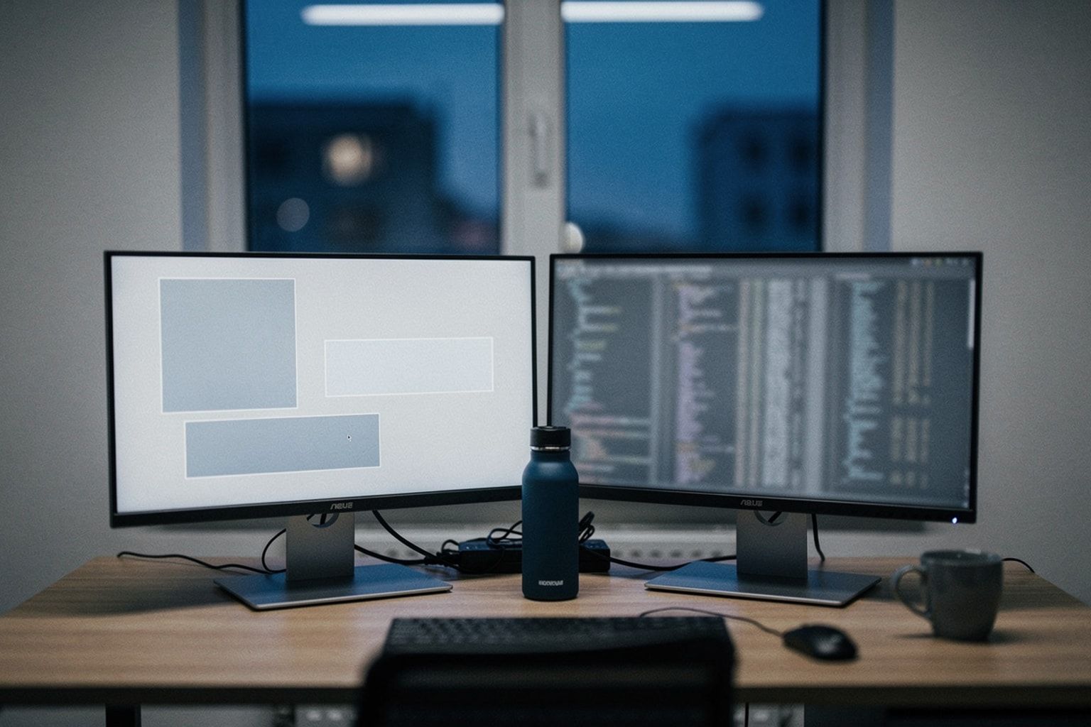 Zwei Monitore am Abend – links ein Seitenlayout, rechts unscharfe Code-Spalten