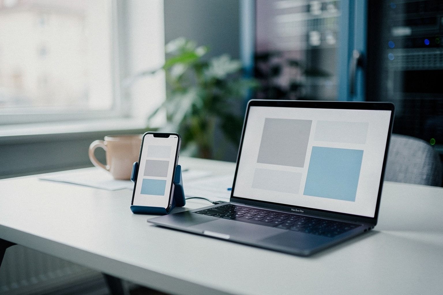 Smartphone und Laptop nebeneinander, beide zeigen dasselbe Layout unterschiedlich an