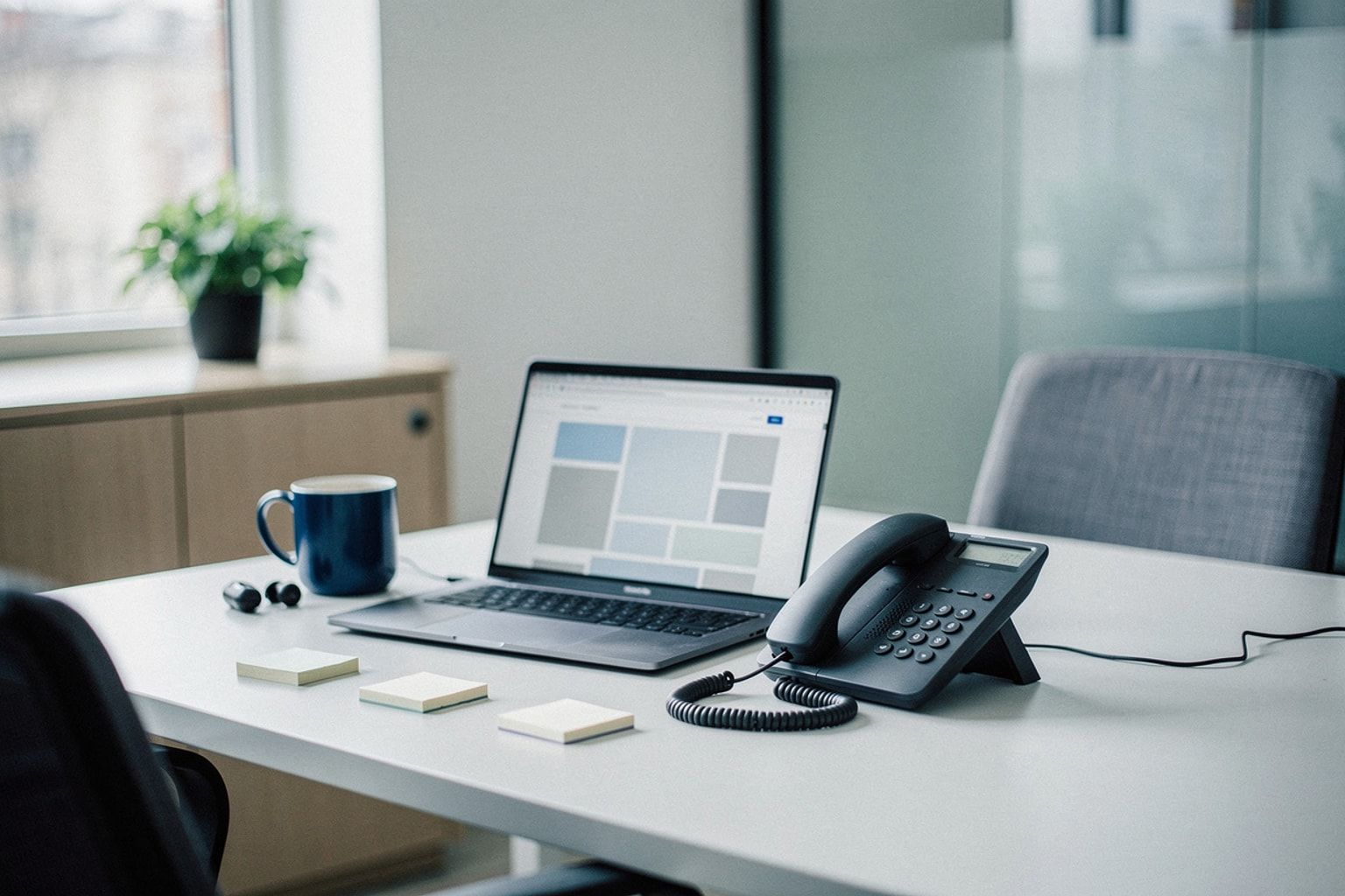 Unbeantworteter Telefonhörer neben einem Laptop mit halbfertigem Website-Layout