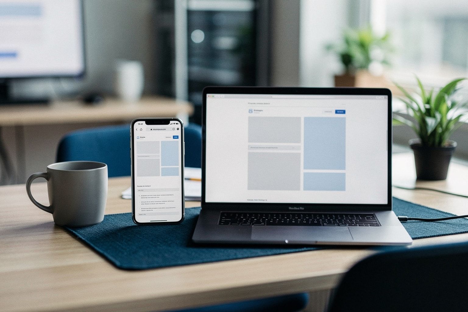 Smartphone und Laptop nebeneinander mit ähnlichen abstrakten Oberflächen