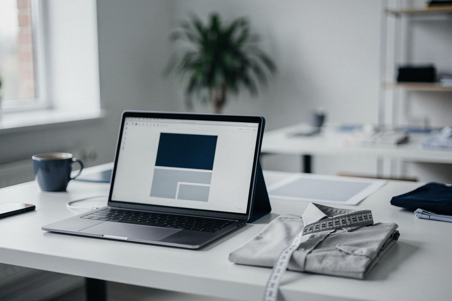 Laptop mit Vektorgrafik neben gefaltetem Shirt und Maßband am Textil-Arbeitsplatz