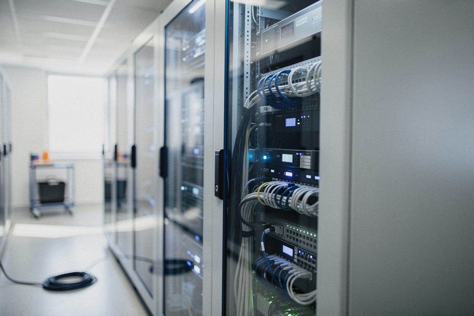 Server-Rack mit blauen Status-LEDs hinter einer Glastür im Rechenzentrum