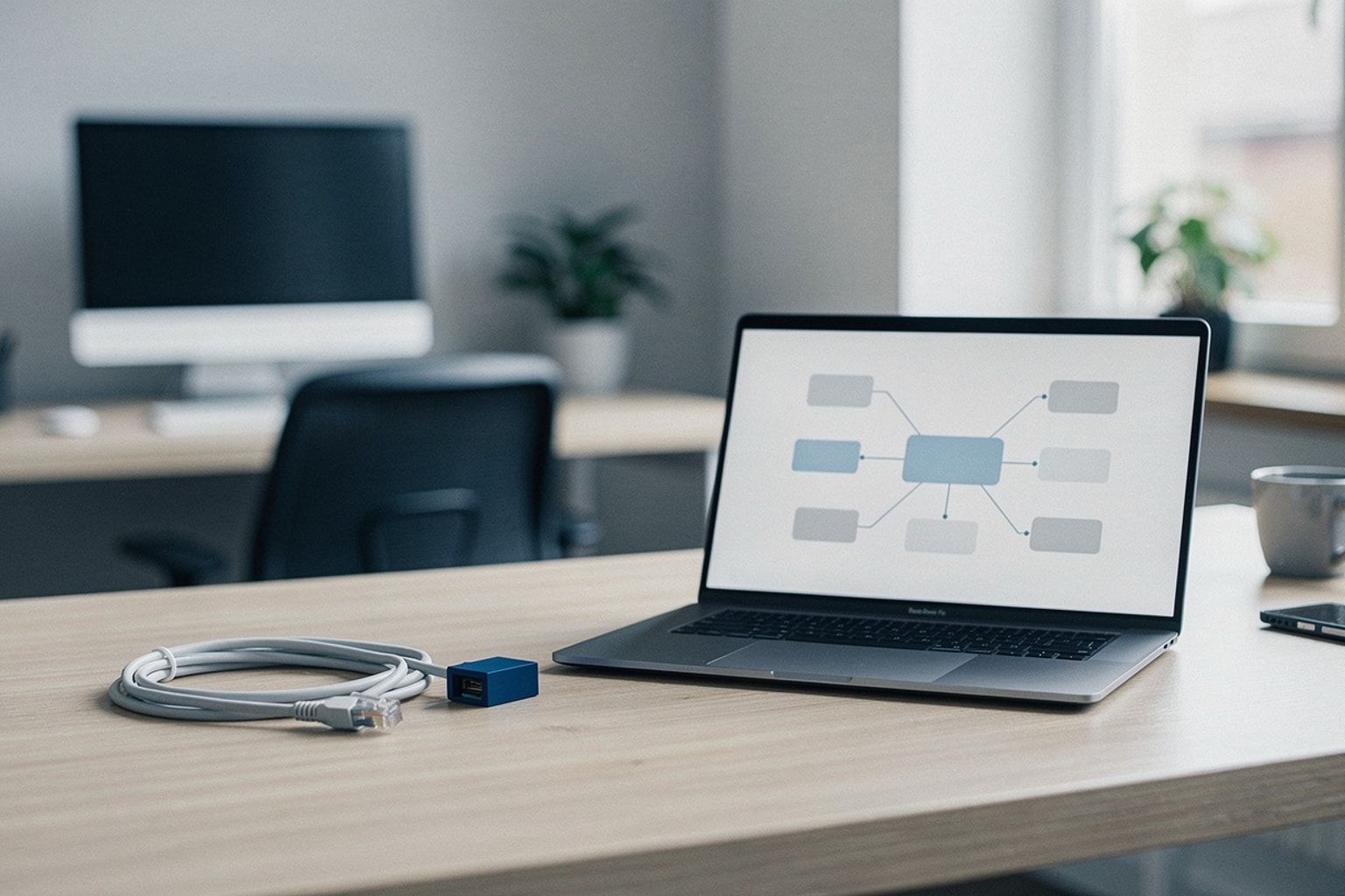 Laptop mit Netzwerk-Diagramm, daneben ein aufgerolltes Netzwerkkabel