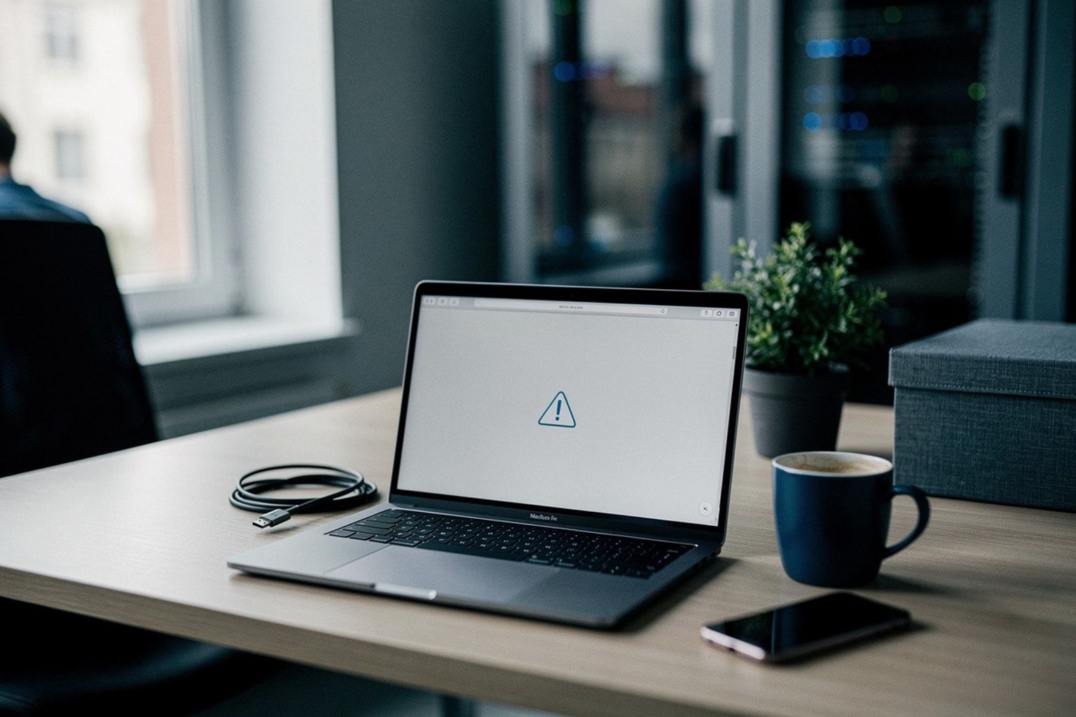Laptop mit leerem Browserfenster und Fehlersymbol im abendlichen Büro
