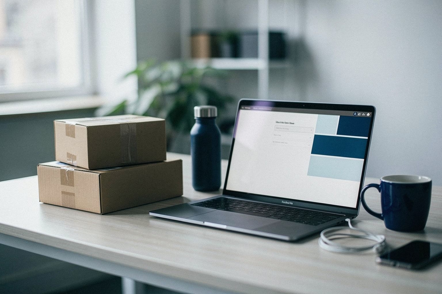 Zwei Umzugskartons neben einem Laptop mit E-Mail-Postfach
