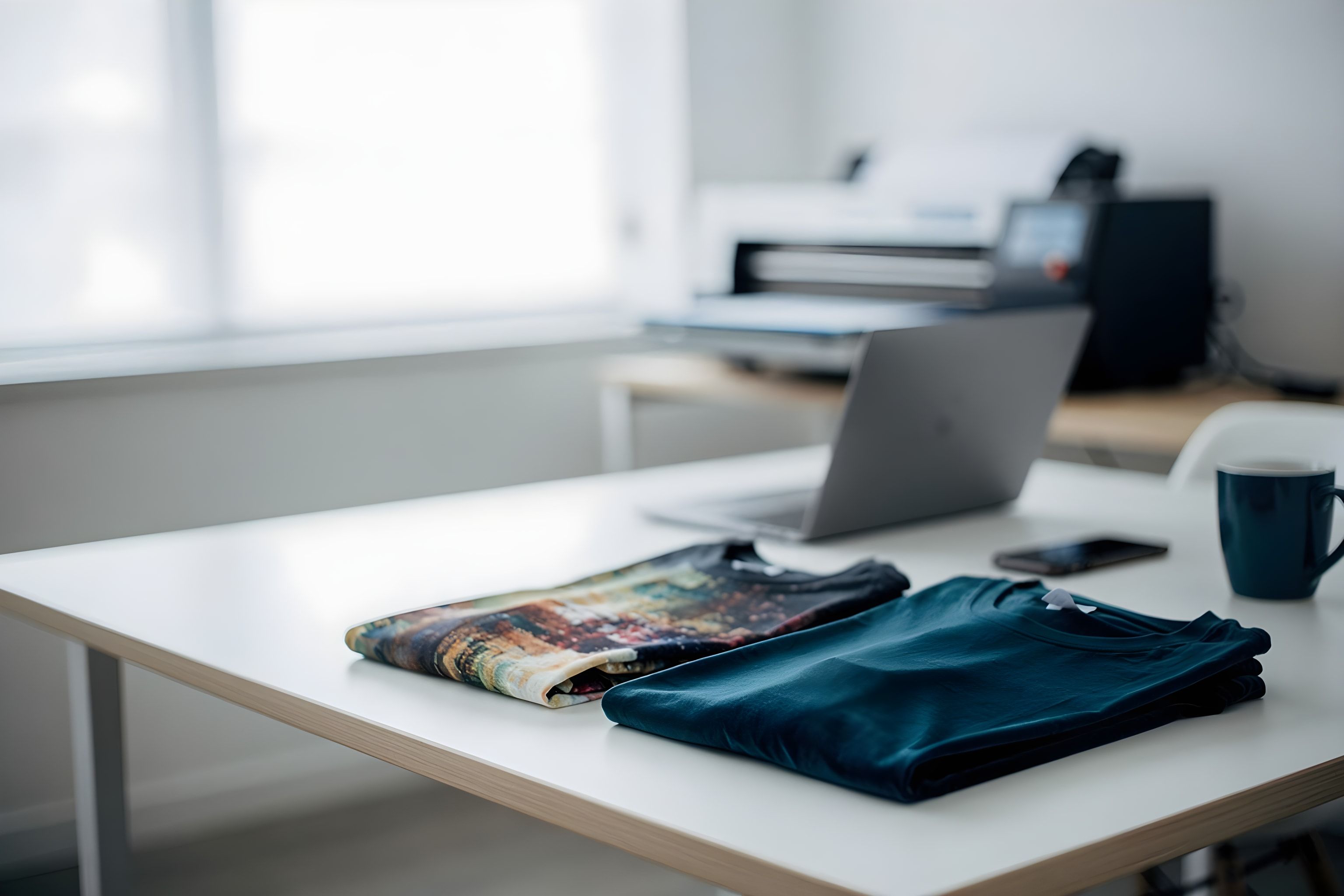 Zwei bedruckte T-Shirts – ein mehrfarbiger DTF-Druck und ein einfarbiger Flock/Flex-Druck – auf einem Tisch, dahinter eine Transferpresse