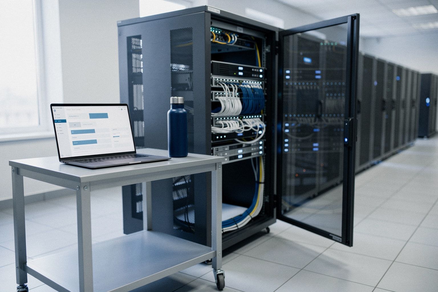 Laptop mit Server-Monitoring-Dashboard und ruhig steigenden Kurven