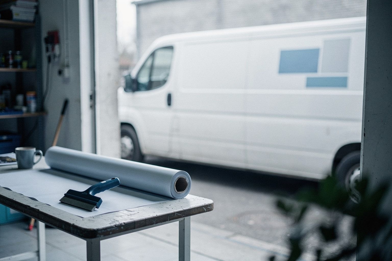 Weißer Transporter vor einem Gebäude, davor Folienrolle und Rakel auf einem Tisch
