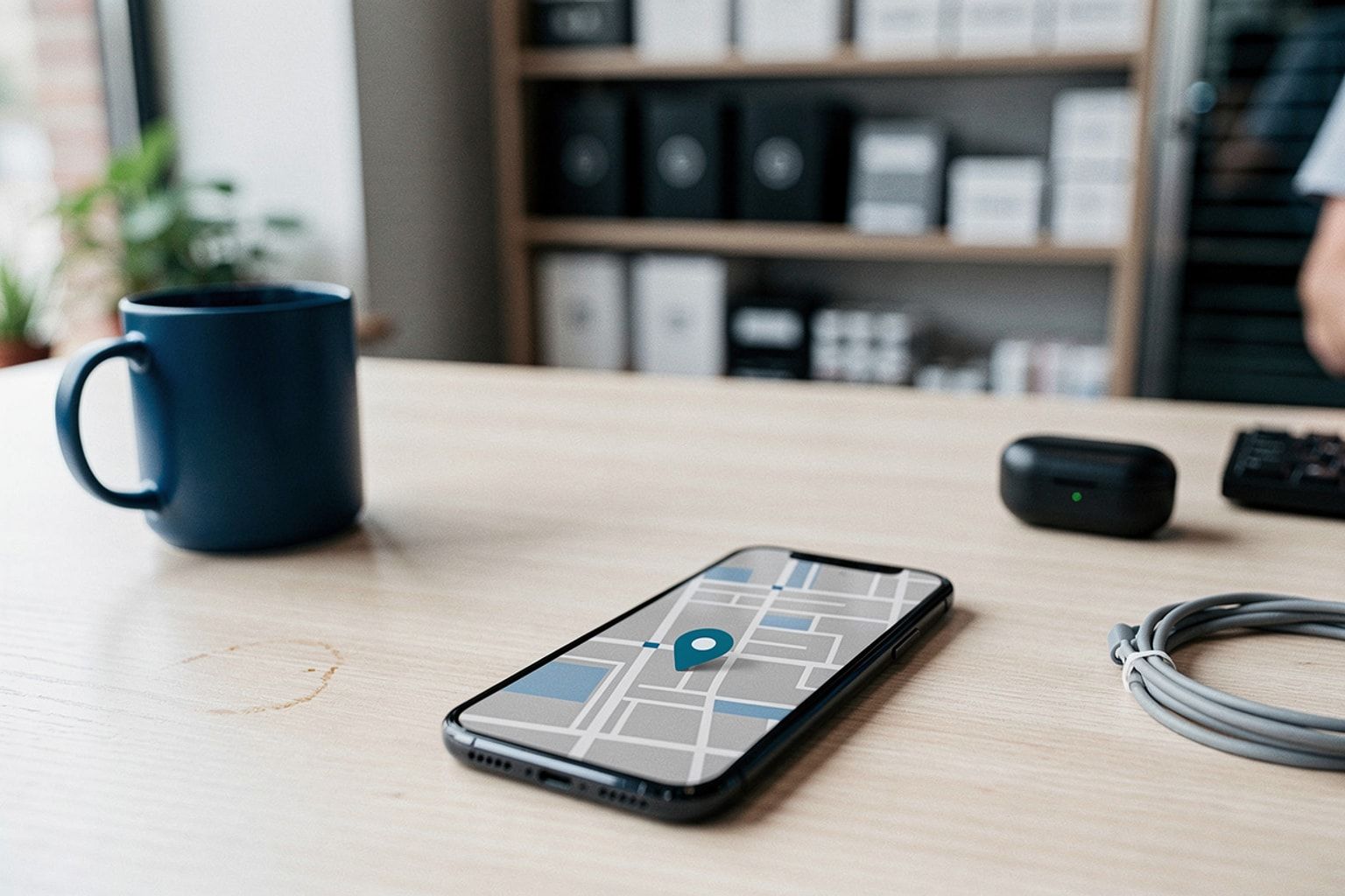 Smartphone mit Karte und Standort-Pin auf der Theke eines kleinen Ladenlokals