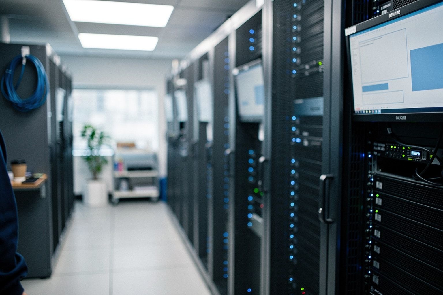 Gang eines Rechenzentrums mit Server-Racks und blauen Status-LEDs