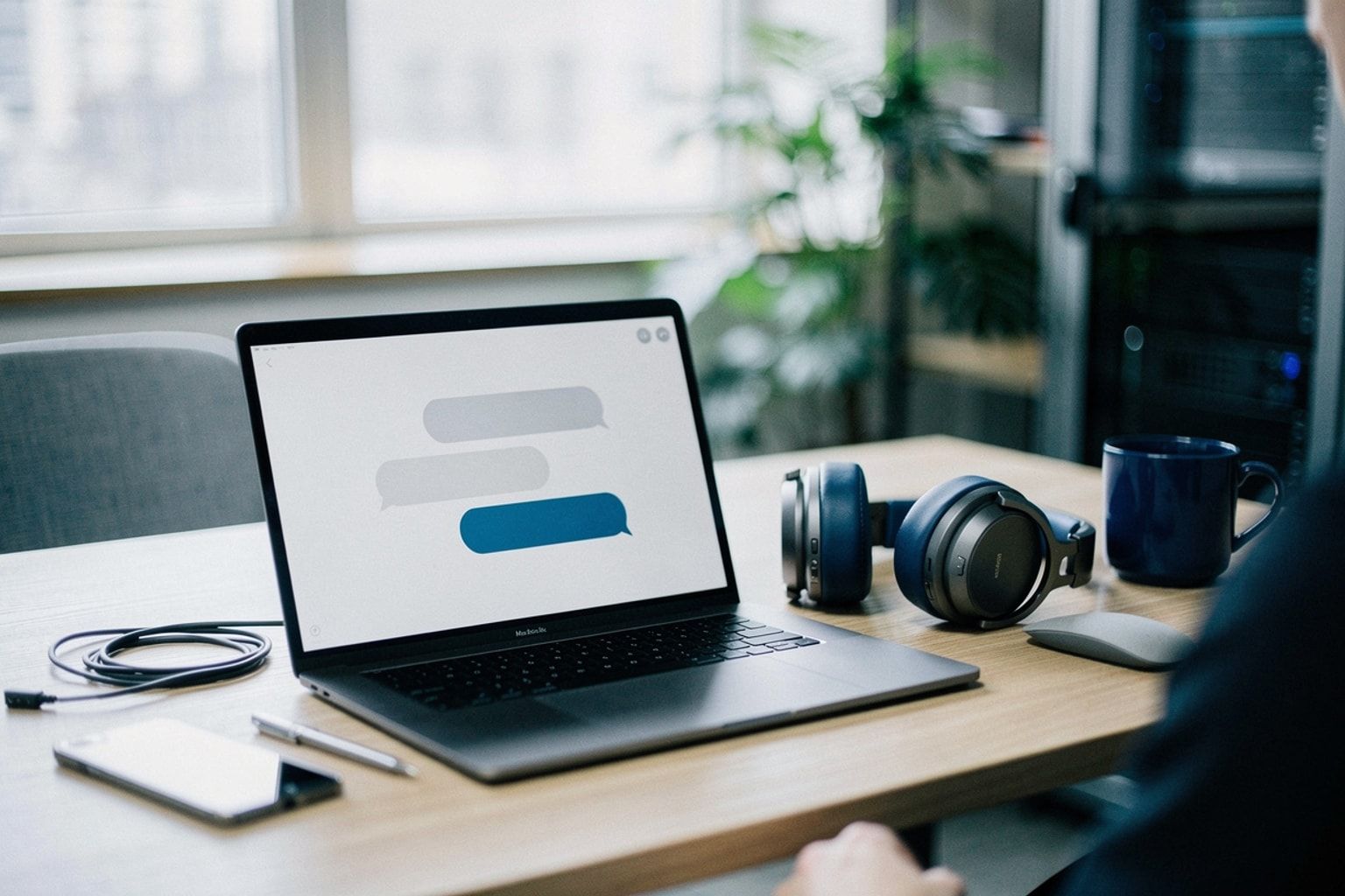 Laptop mit Chat-Oberfläche aus Sprechblasen, daneben ein Headset