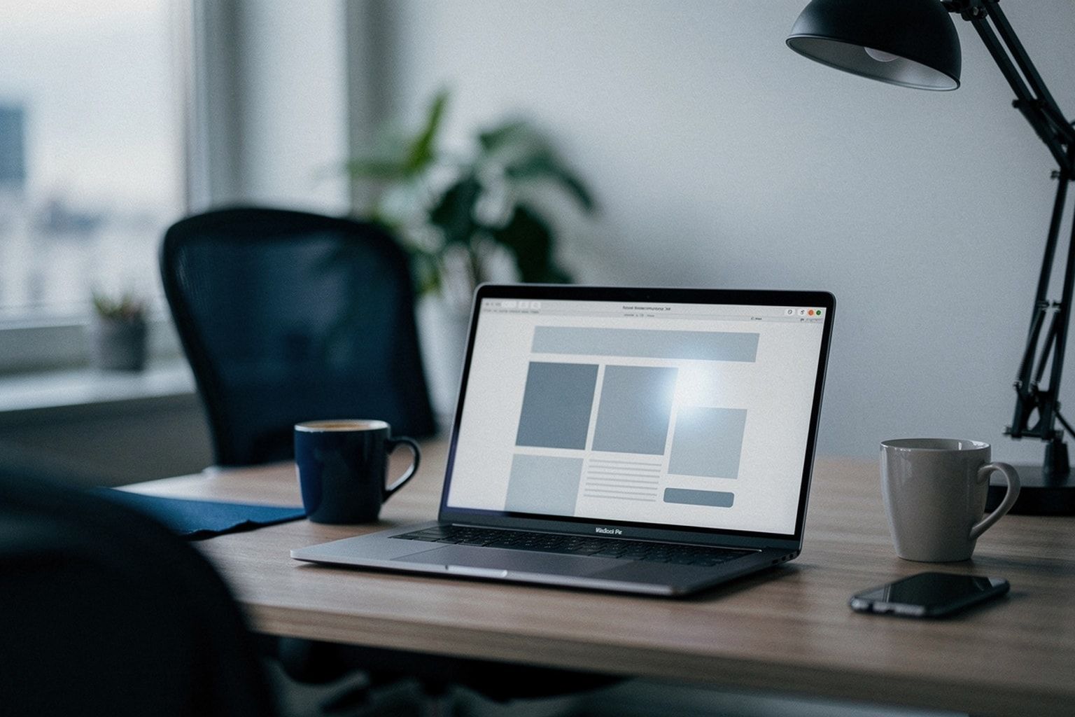 Laptop mit abgedunkeltem Onlineshop-Layout und Fehlersymbol am Abend