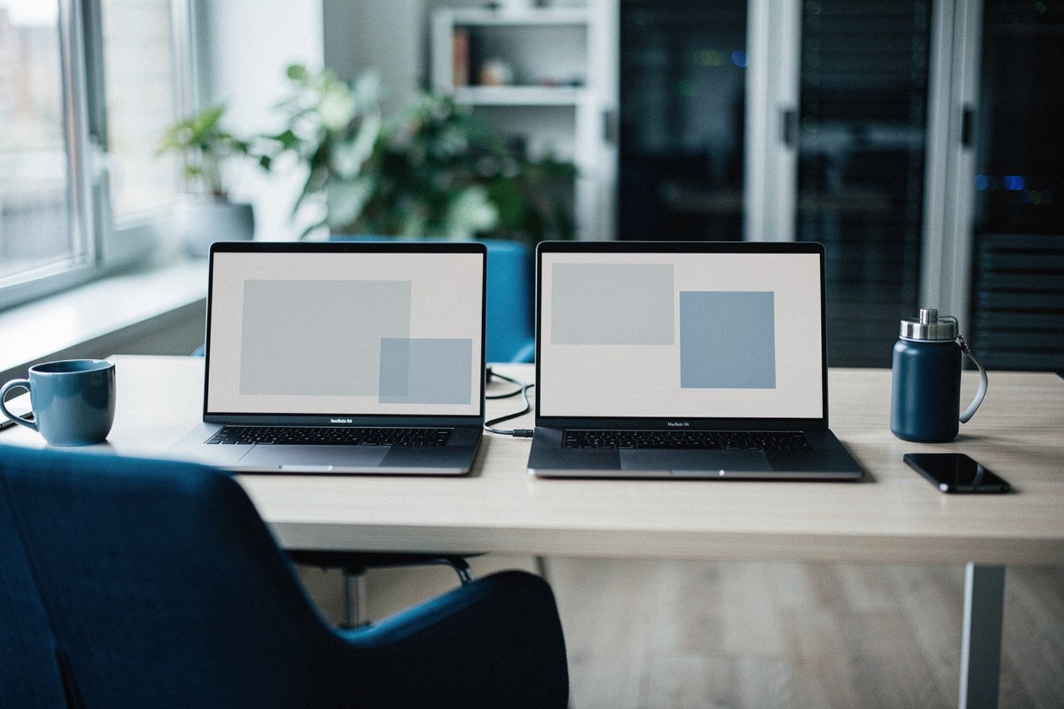 Zwei Laptops, mit einem Kabel verbunden, mit zueinander passenden Oberflächen