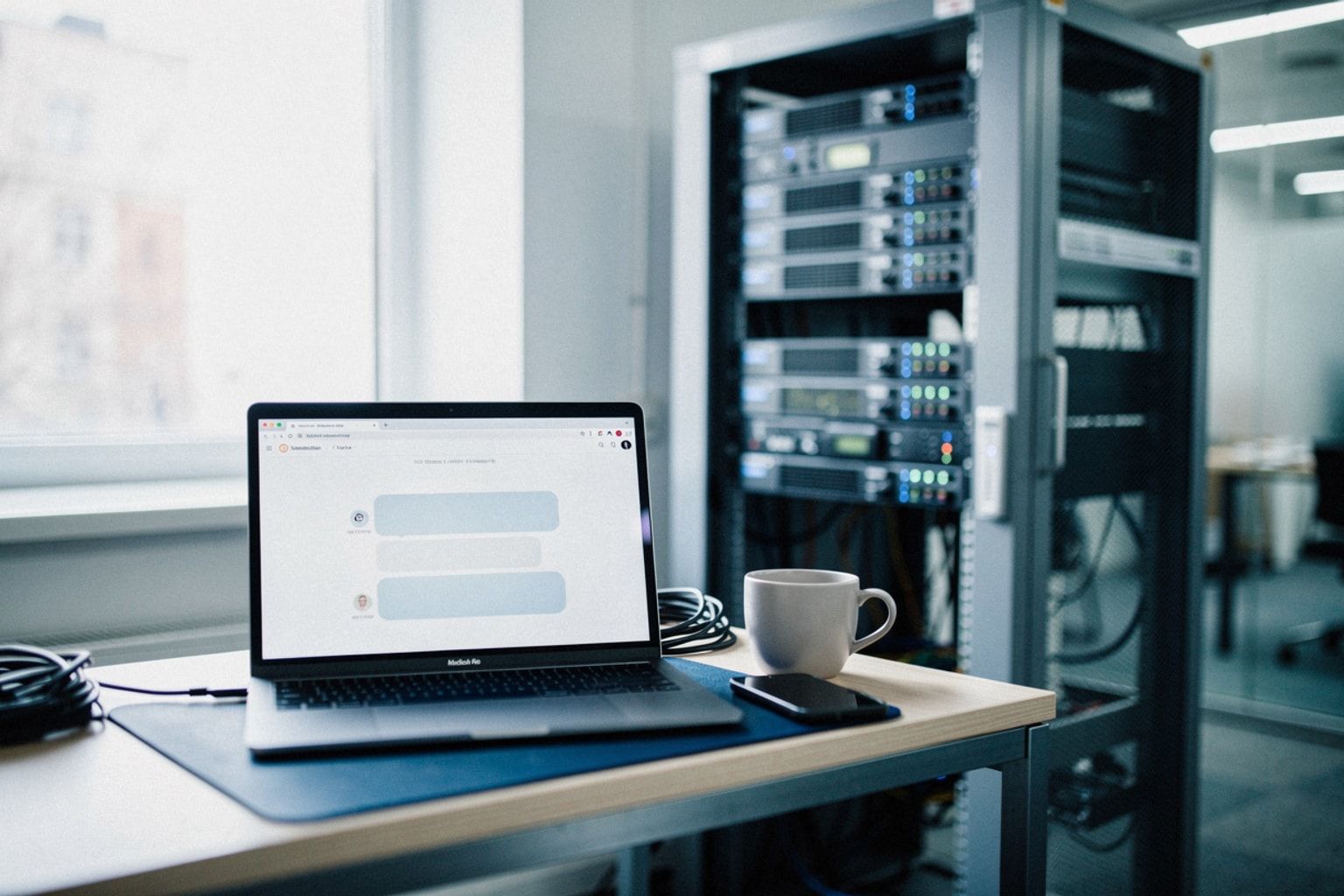 Laptop mit Chat-Oberfläche vor einem Server-Rack im Rechenzentrum