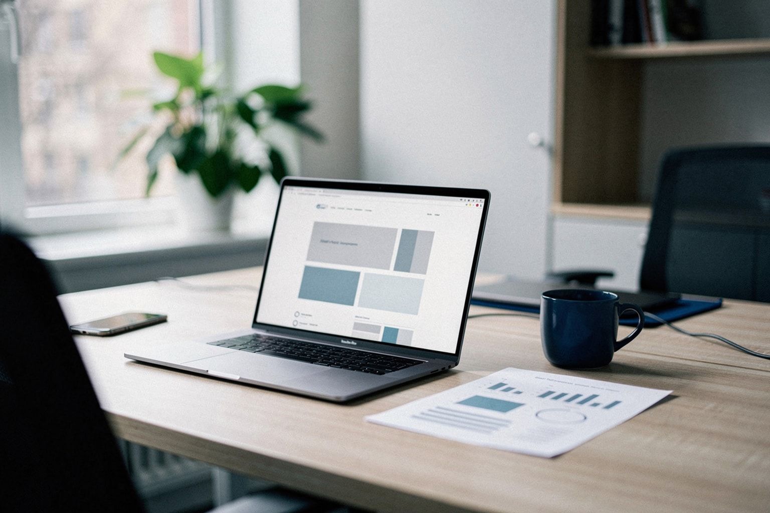 Laptop mit Website neben einem gedruckten Bericht mit einfachen Diagrammen