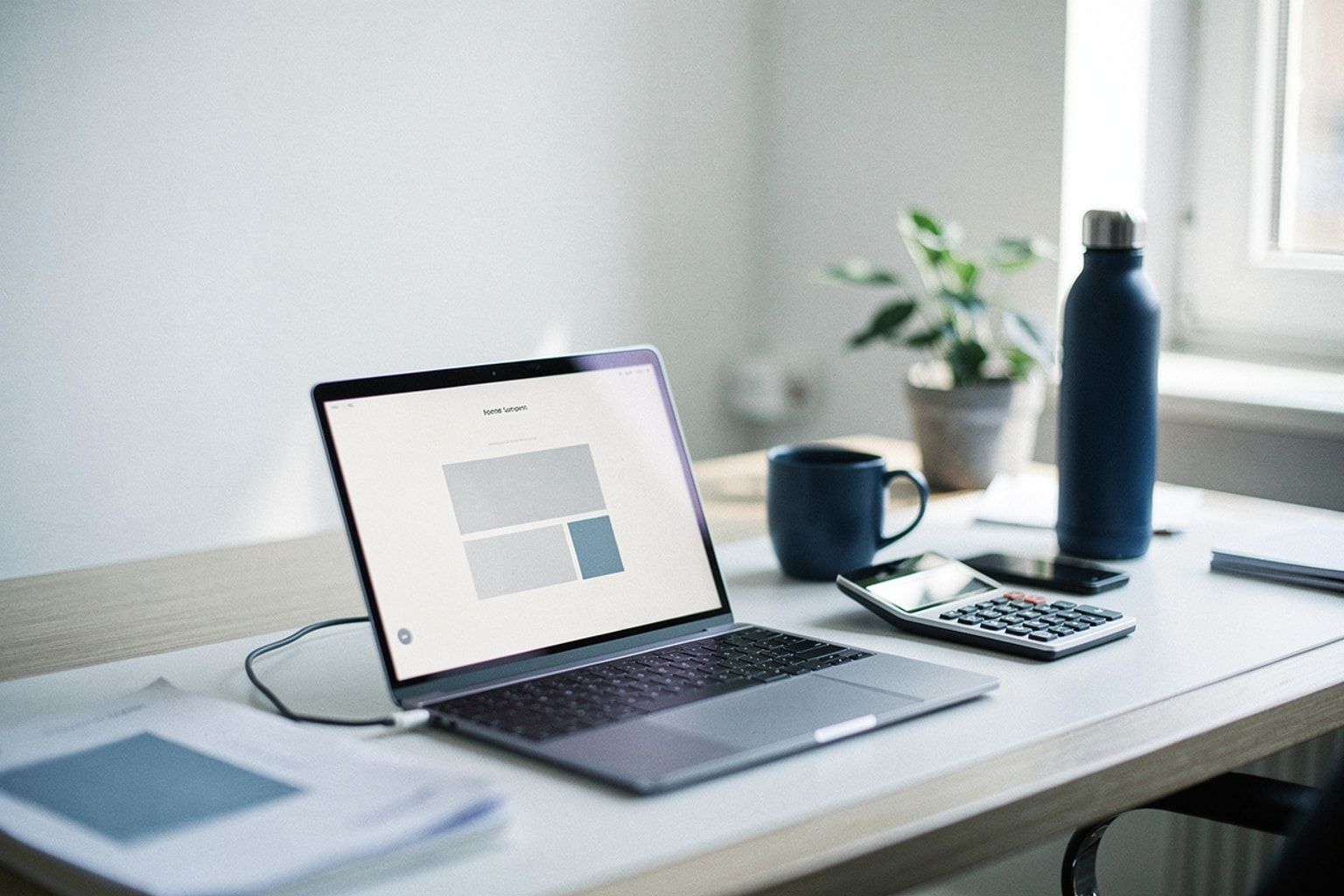 Laptop mit Website-Layout neben einem Taschenrechner im Morgenlicht