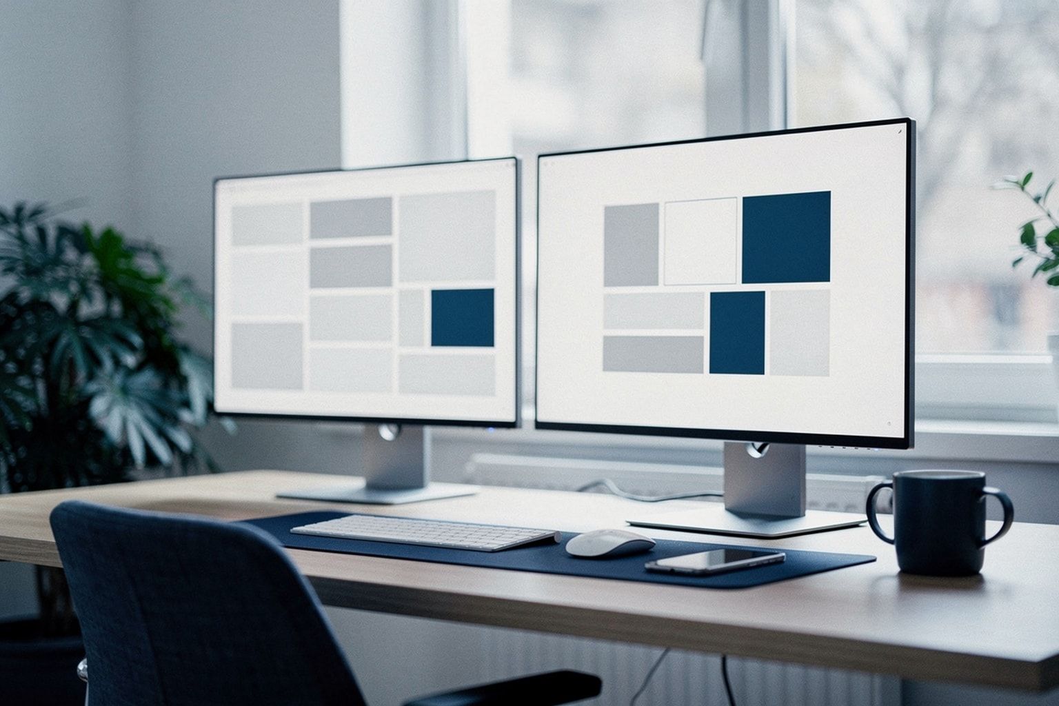 Zwei Bildschirme im Vergleich: starres Baukasten-Raster und frei gestaltetes Layout