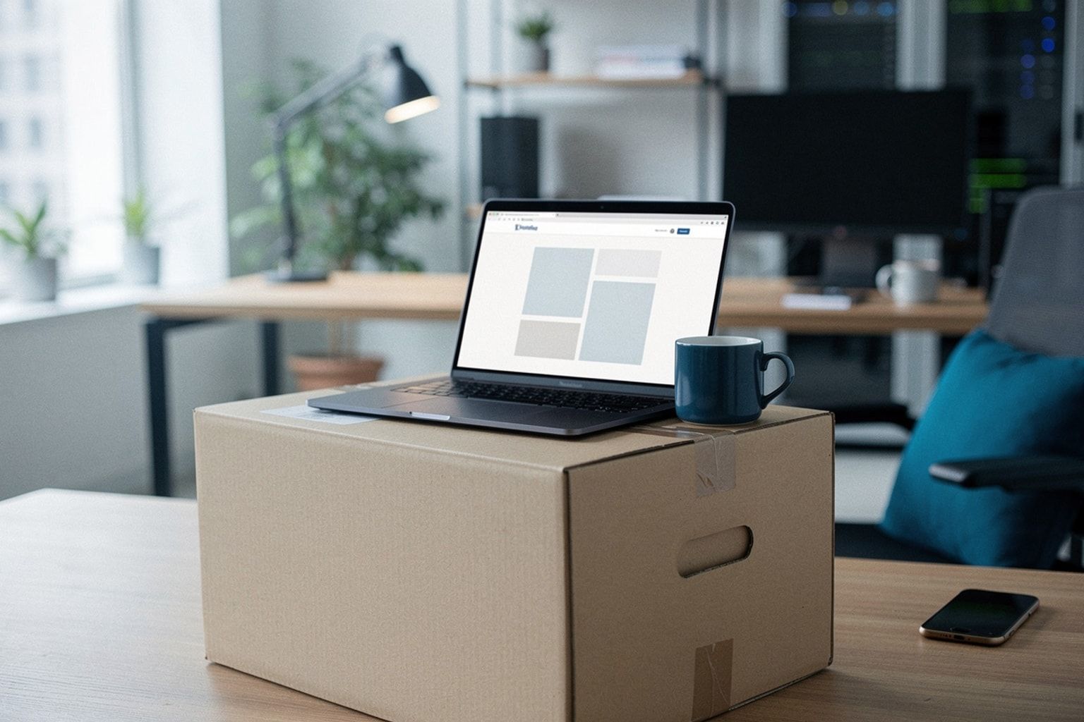 Laptop mit Website-Layout steht auf einem verschlossenen Umzugskarton