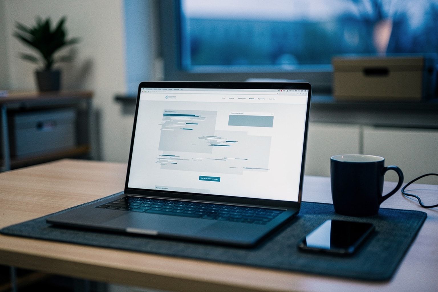 Laptop im abendlichen Büro mit gestörtem, zerbrochenem Website-Layout auf dem Bildschirm