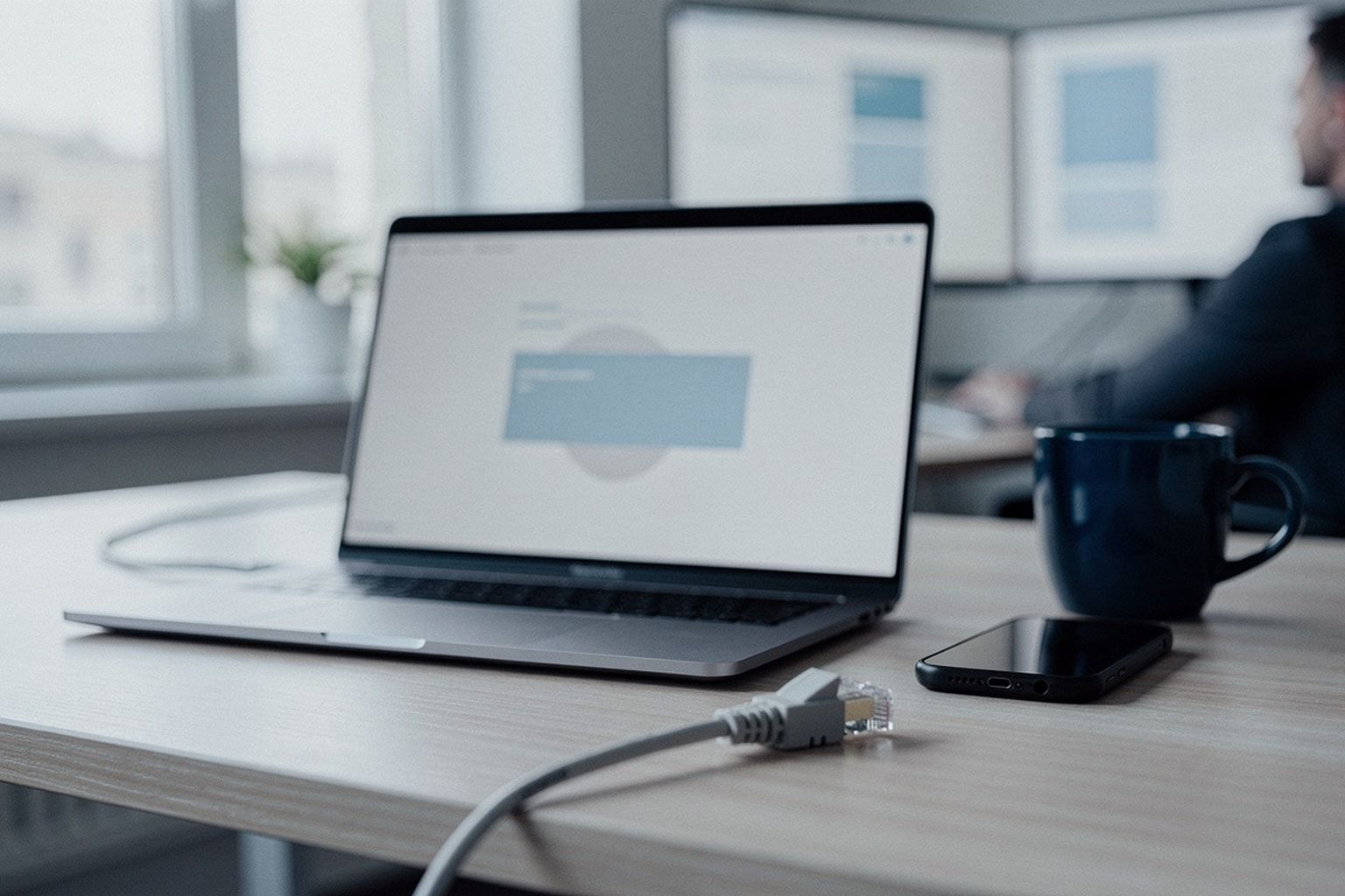 Laptop mit leerem Browserfenster, davor ein ausgestecktes Netzwerkkabel